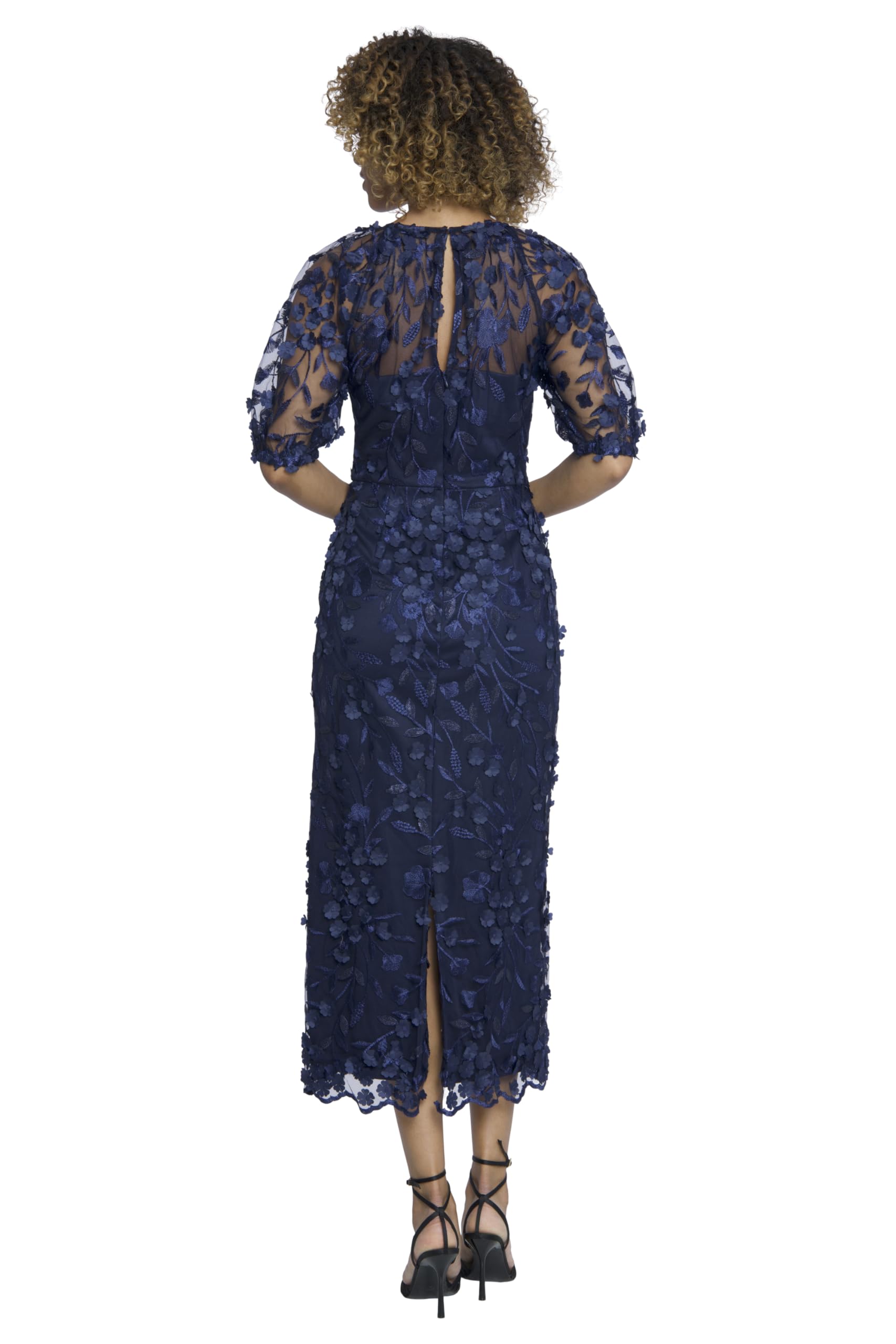 Maggy London Women's Dresses Elegant Illusion Neck Elbow Sleeves Midi Dress for Women | Cocktail Dresses for Women, Navy, 0
