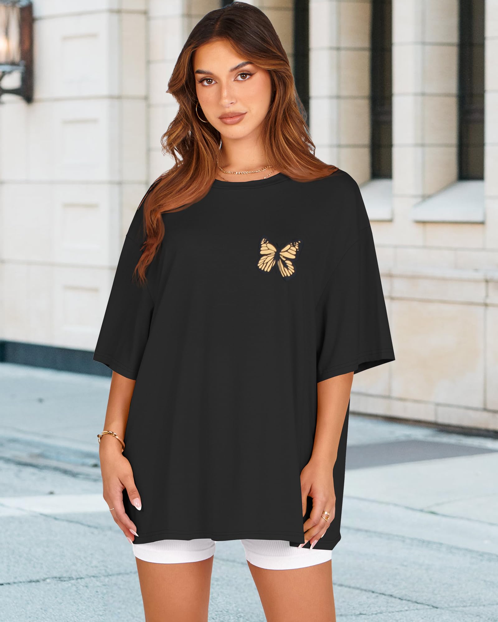Womens Oversized Tshirt Graphic Tees Crew Neck Summer Short Sleeve Loose Fit Tops (A-Butterfly Print Black, L)
