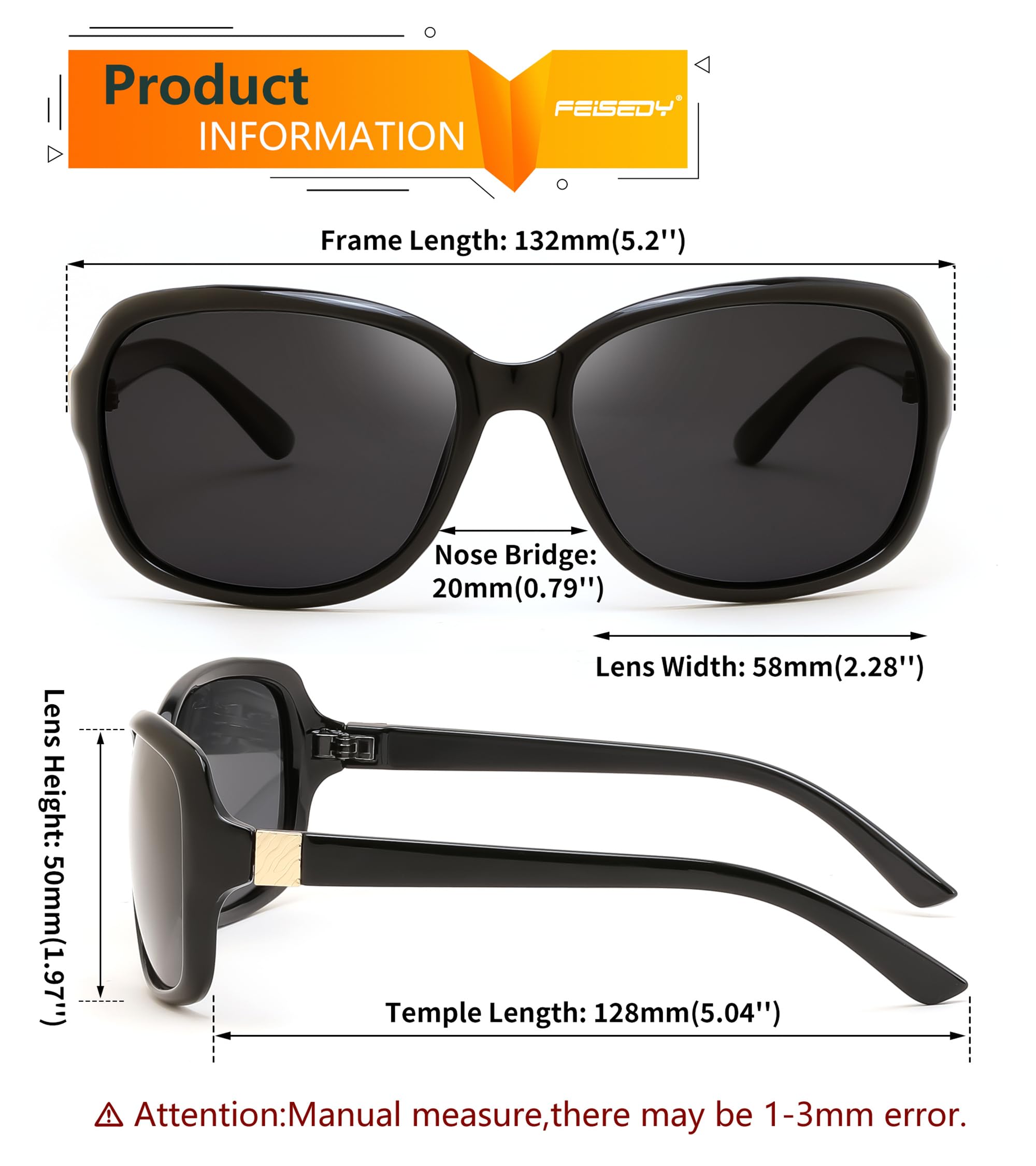 FEISEDY Polarized Sunglasses for Women Classic Vintage Square Wraparound UV400 Protection Shade B0309 Black/Grey