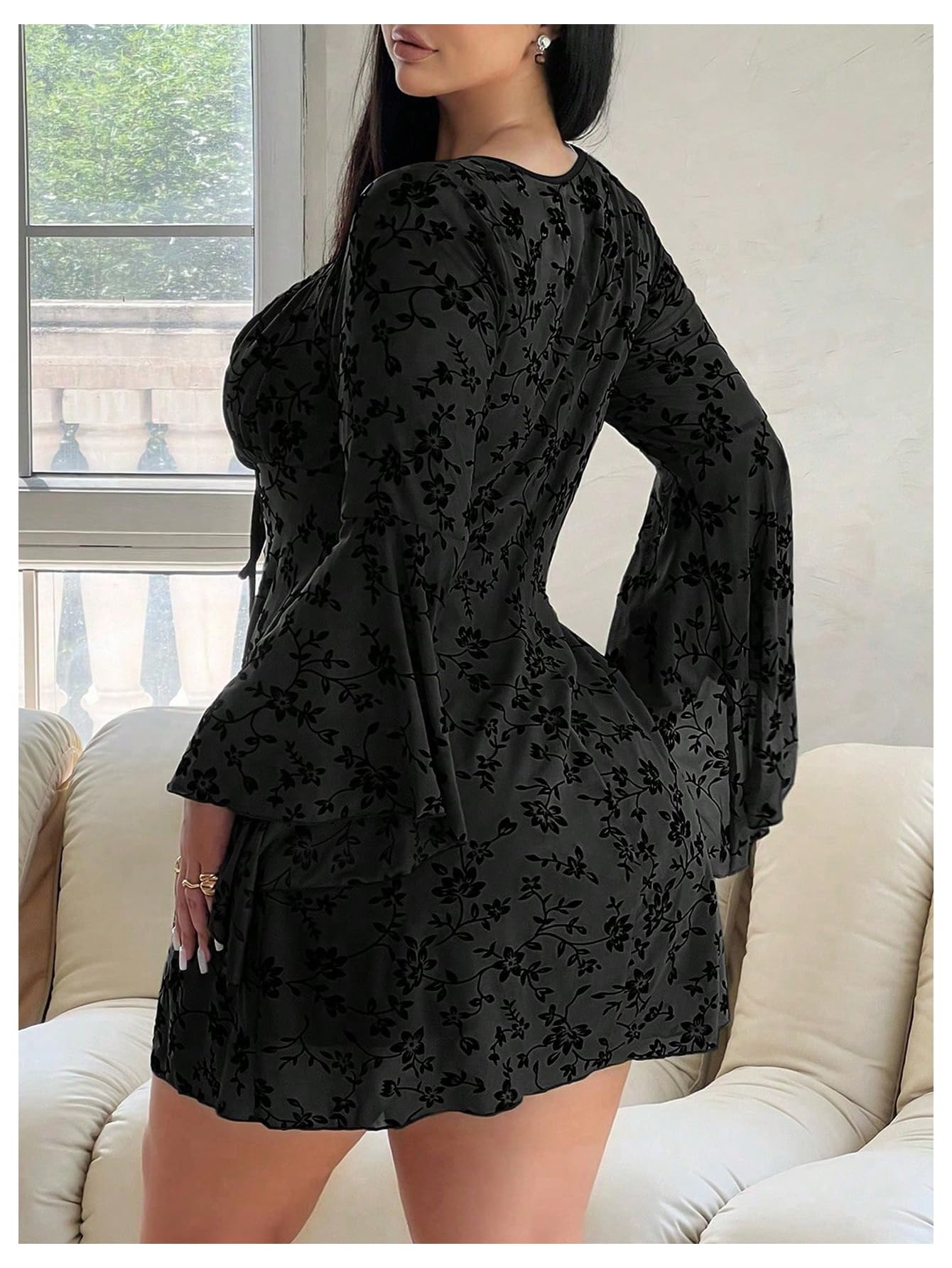 Floerns Women's Plus Size Floral Gothic Dress Flare Long Sleeve Mesh Grunge A Line Dress Black X-Large Plus