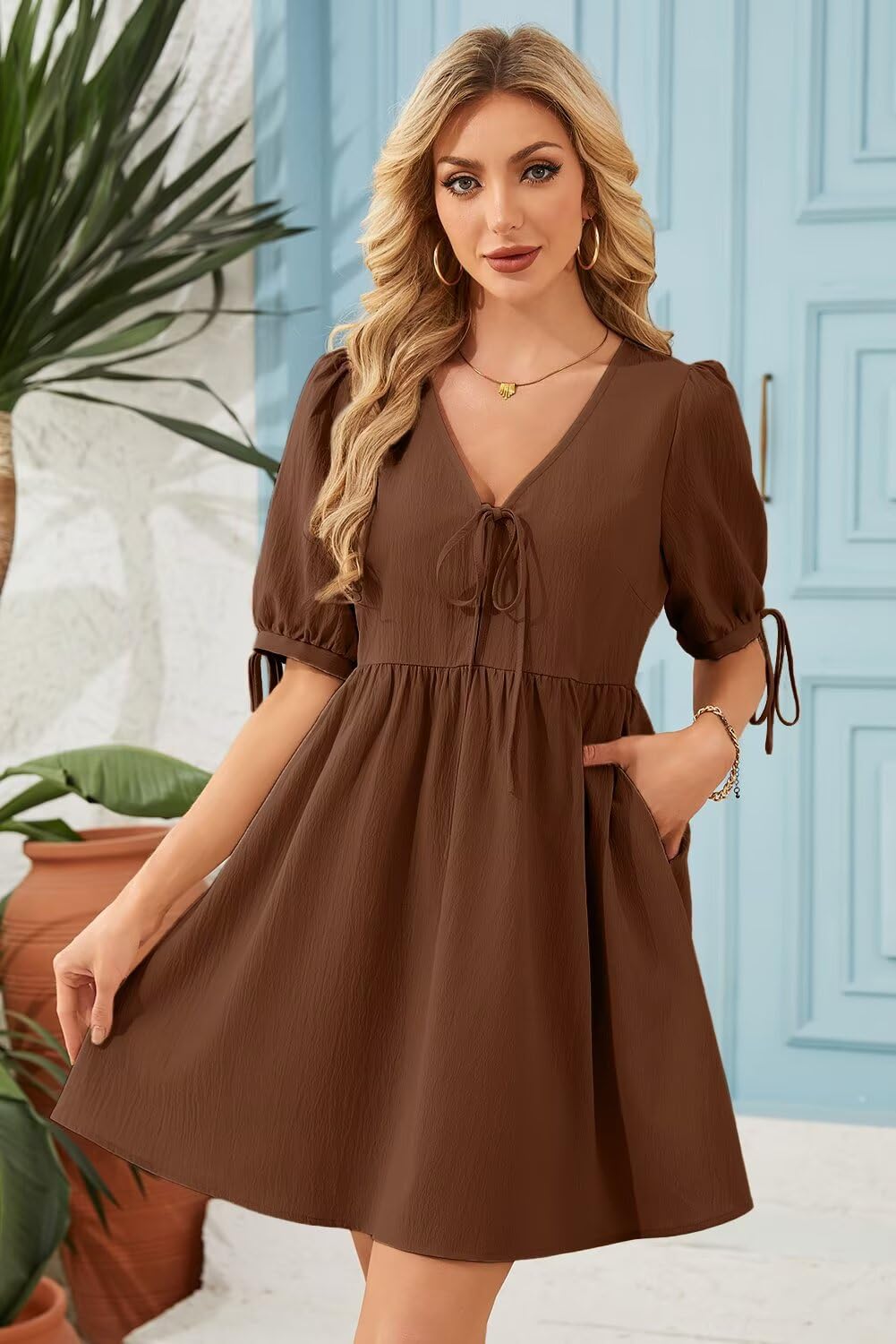 Dokotoo Chocolate Brown Summer Clothes Women's Summer Short Sleeve Tie Front Empire Waist A-Line Babydoll Loose Cute Mini Dress Coffee XX-Large