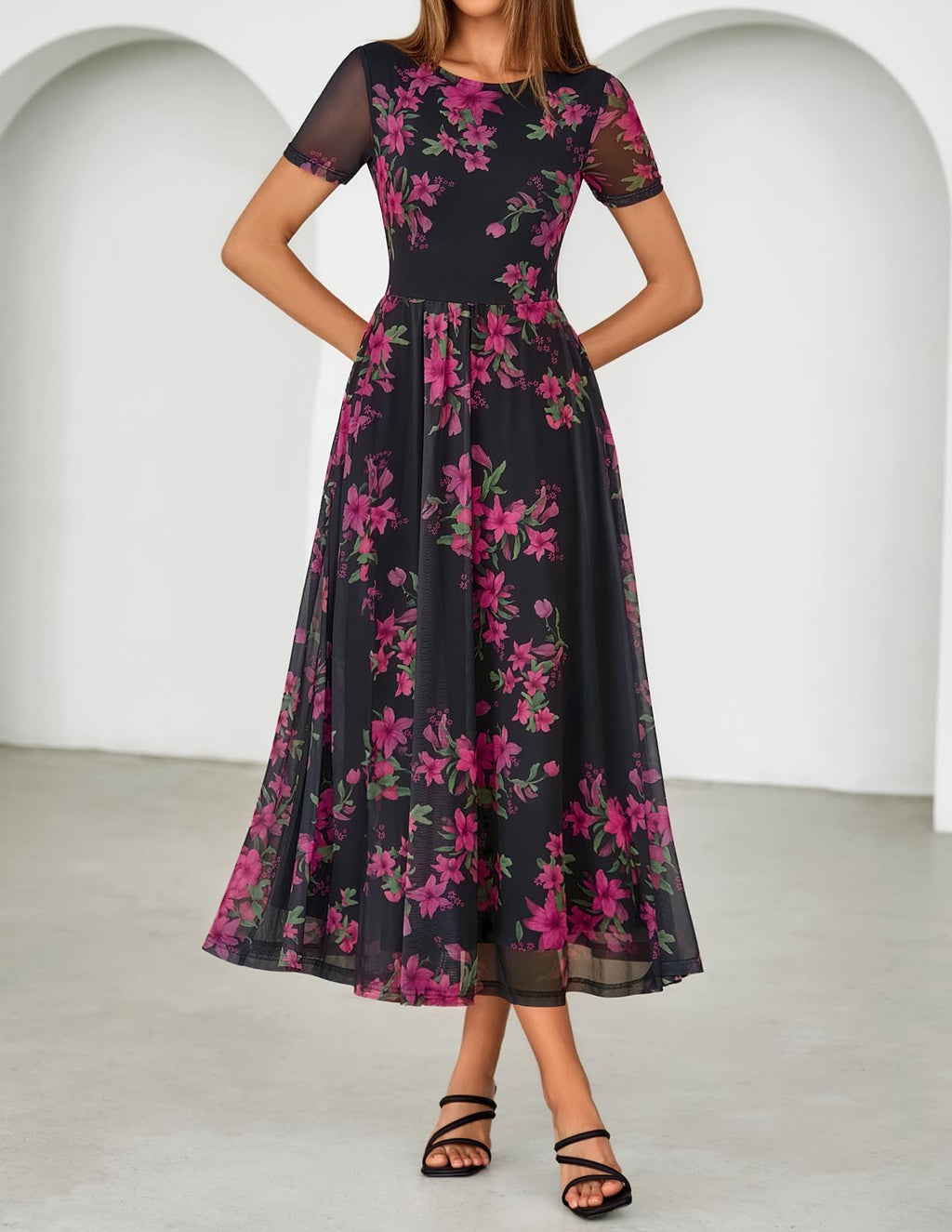 MEROKEETY Women' Summer Floral Maxi Dress 2026 Spring Mesh Short Sleeve Flowy Wedding Guest Beach Long Dresses, Black, Large