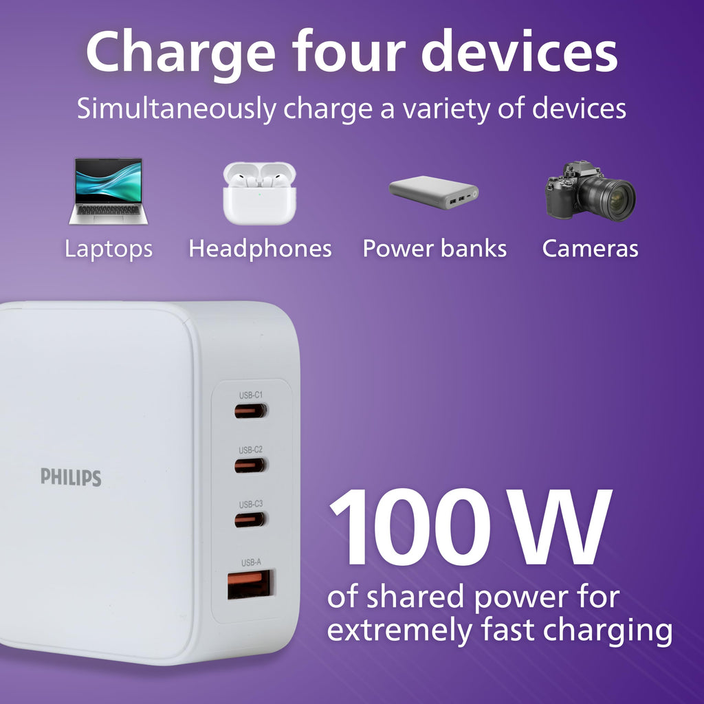 Philips USB C Fast Charger, 100W, 4-Ports, 3 USB-C, 1 USB-A, Foldable Plug