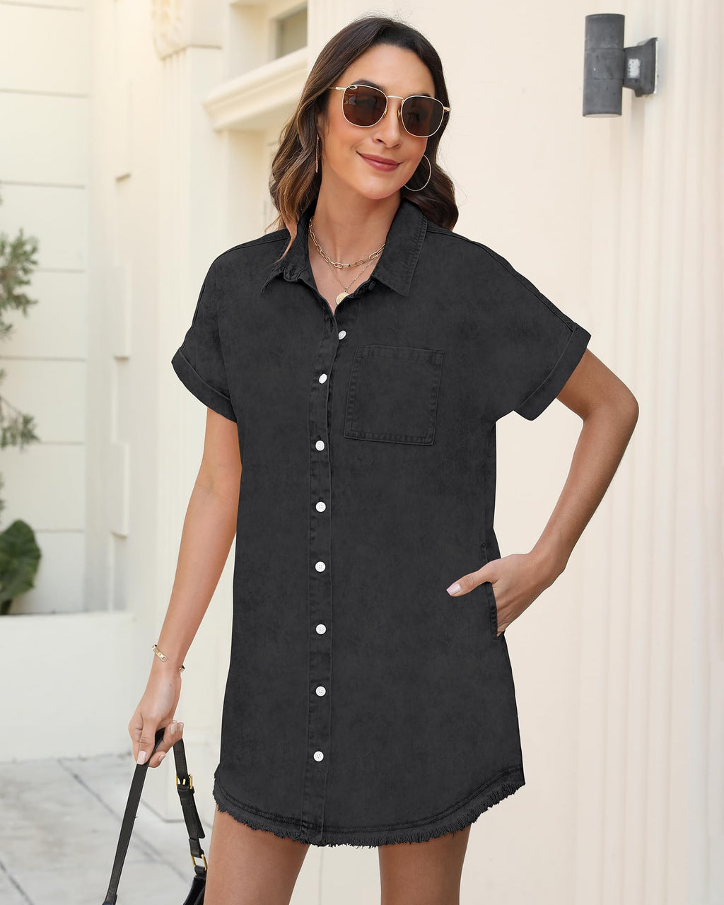 Denim Dresses for Women 2025 Trendy Midi Jean Shirt Casual Short Sleeve Button Down Babydoll Fitted Dress Pockets Knee Length Summer Ladies Black Large