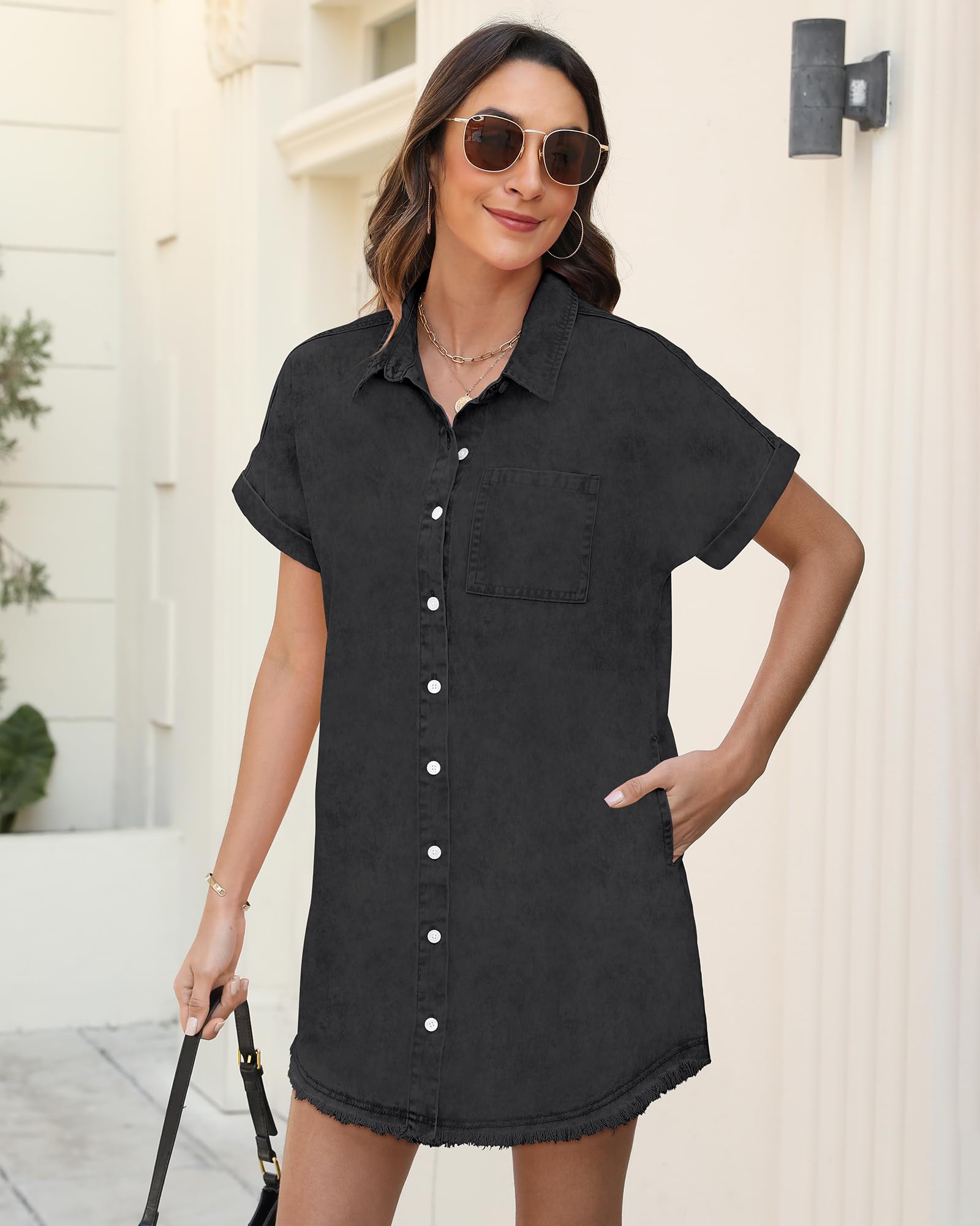 Denim Dresses for Women 2025 Trendy Midi Jean Shirt Casual Short Sleeve Button Down Babydoll Fitted Dress Pockets Knee Length Summer Ladies Black Large