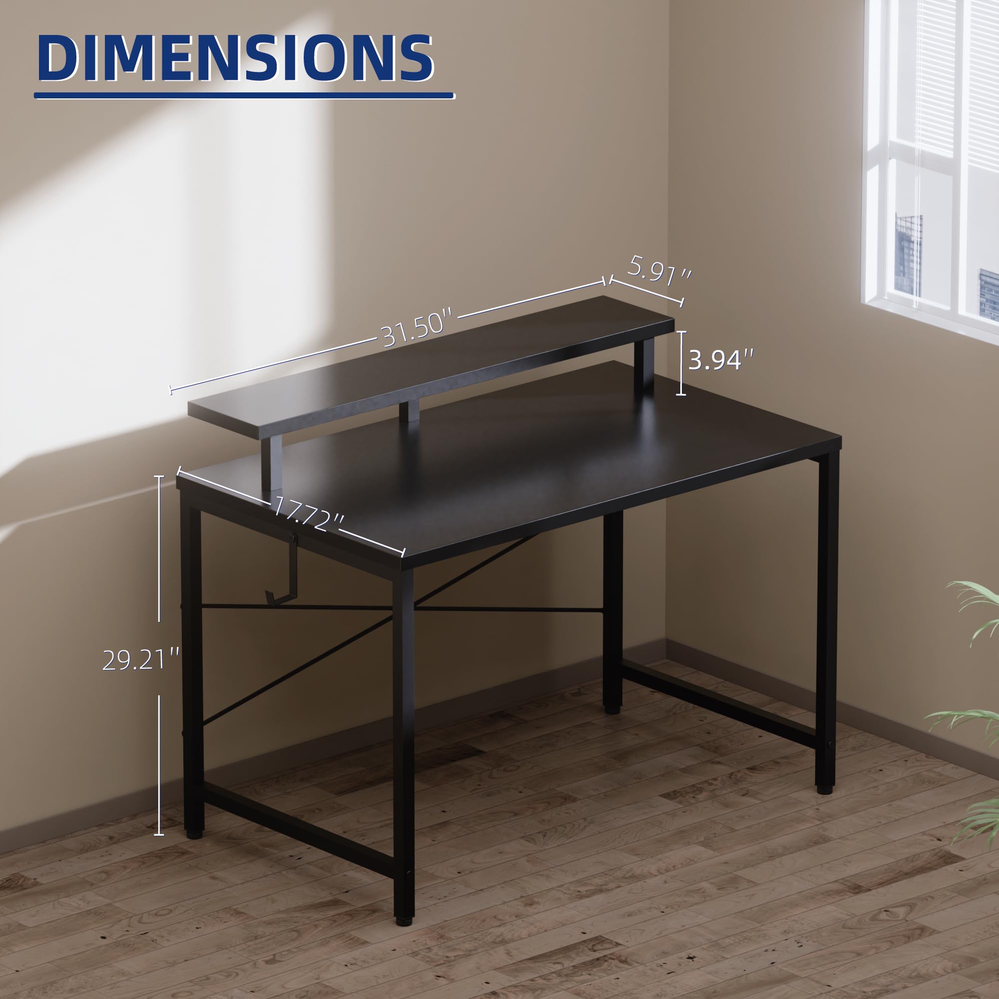 Pamray 32 Inch Small Computer Desk with Monitor Stand, Simple Office Desk with Headphone Hook for Small Spaces, Kids Study Writing Table for Bedroom, Grey