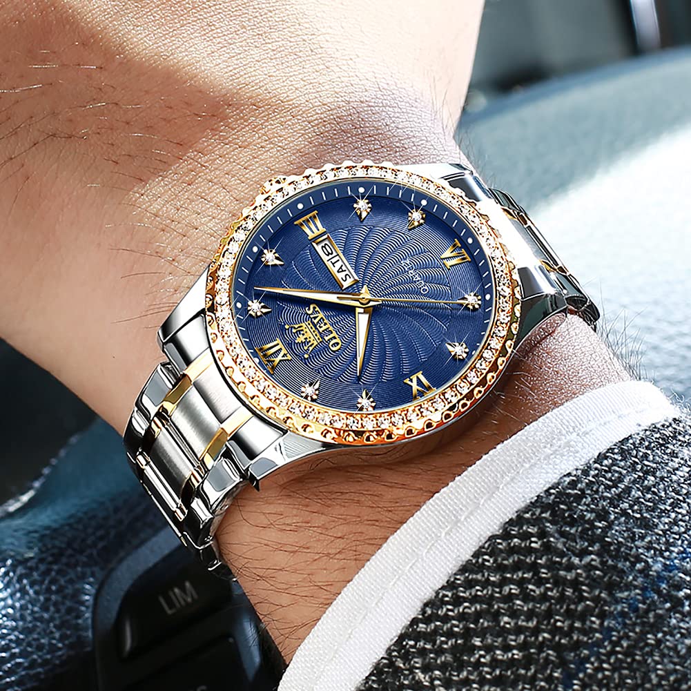 OLEVS Mens Watch Blue Business Diamond Waterproof Watches for Men Casual Dress Stainless Steel Two Tone Male Wrist Watch