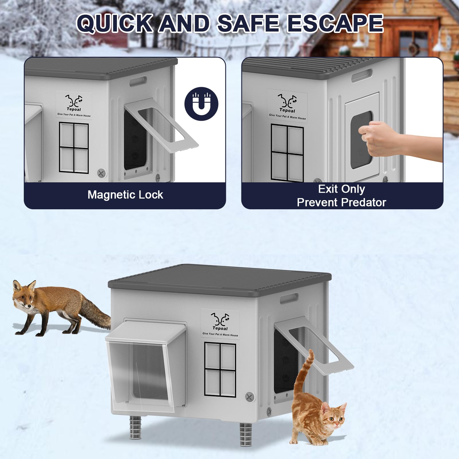 Tepoal 17.7"x17"x17.5" Plastic Heated Cat House for Outside Winter, Weatherproof Outside Cats Shelter with Safety Escape Doors and Heating Pads, Elevated Feral Cat House for Wild and Stray Cats (Grey)