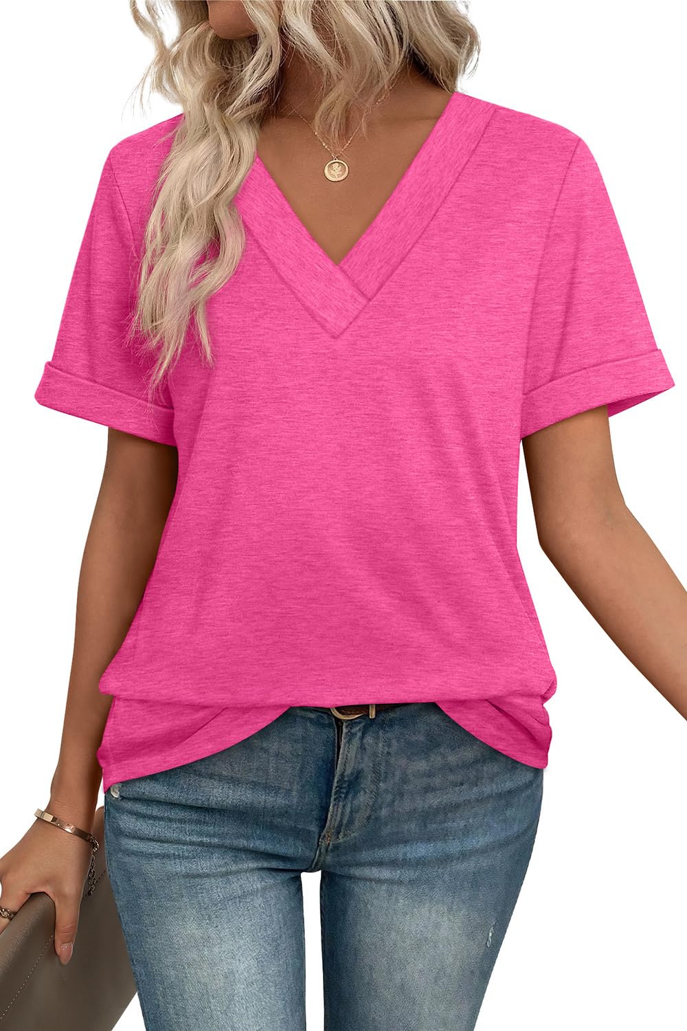 WIHOLL Womens Tops V Neck Dressy Casual Short Sleeve Summer Tops Fashion Cute Basic Tshirts Shirts for Women Hot Pink L