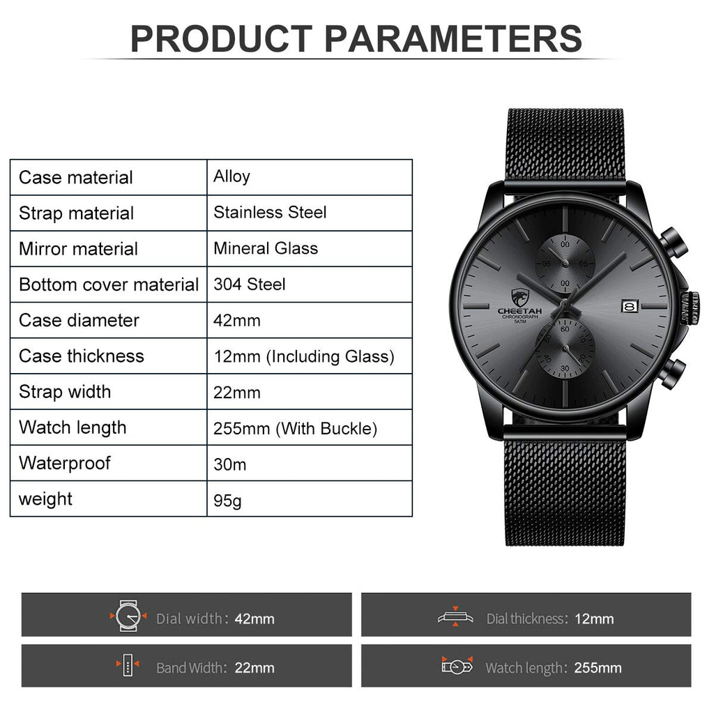 GOLDEN HOUR Men’s Watch Fashion Sport Quartz Analog Mesh Stainless Steel Waterproof Chronograph Watches, Auto Date in Grey Hands, Color: Black