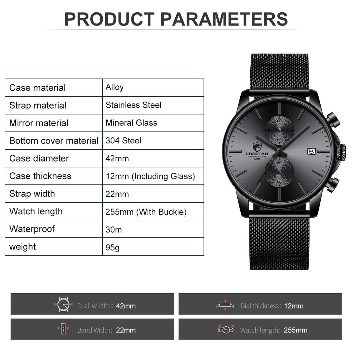 GOLDEN HOUR Men’s Watch Fashion Sport Quartz Analog Mesh Stainless Steel Waterproof Chronograph Watches, Auto Date in Grey Hands, Color: Black