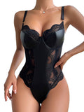 Lilosy Petite Sexy Leather Underwire Push Up Floral Lace Sheer Corset Lingerie Women Teddy Bodysuit Bustier Top One Piece Latex Black XX-Small