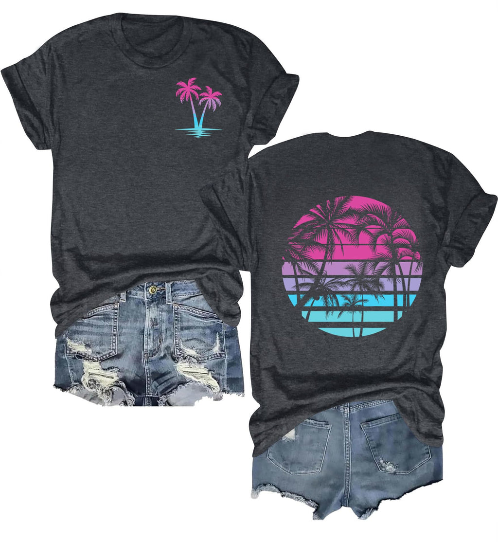 OCURHU Beach Shirts for Women Retro Sunset Palm Tree Graphic Tee Loose Casual Summer Beach Party Blouse Dark Grey XL
