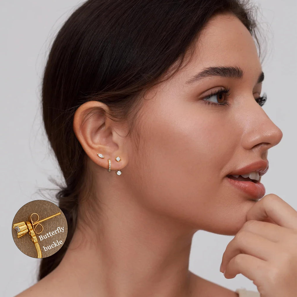 6 Pairs 14K Gold Plated Stud Earrings for Women, Hypoallergenic Cuff Cartilage Earrings for Multiple Piercing, Dainty Small Stackable Earrings Set for Jewelry Gift