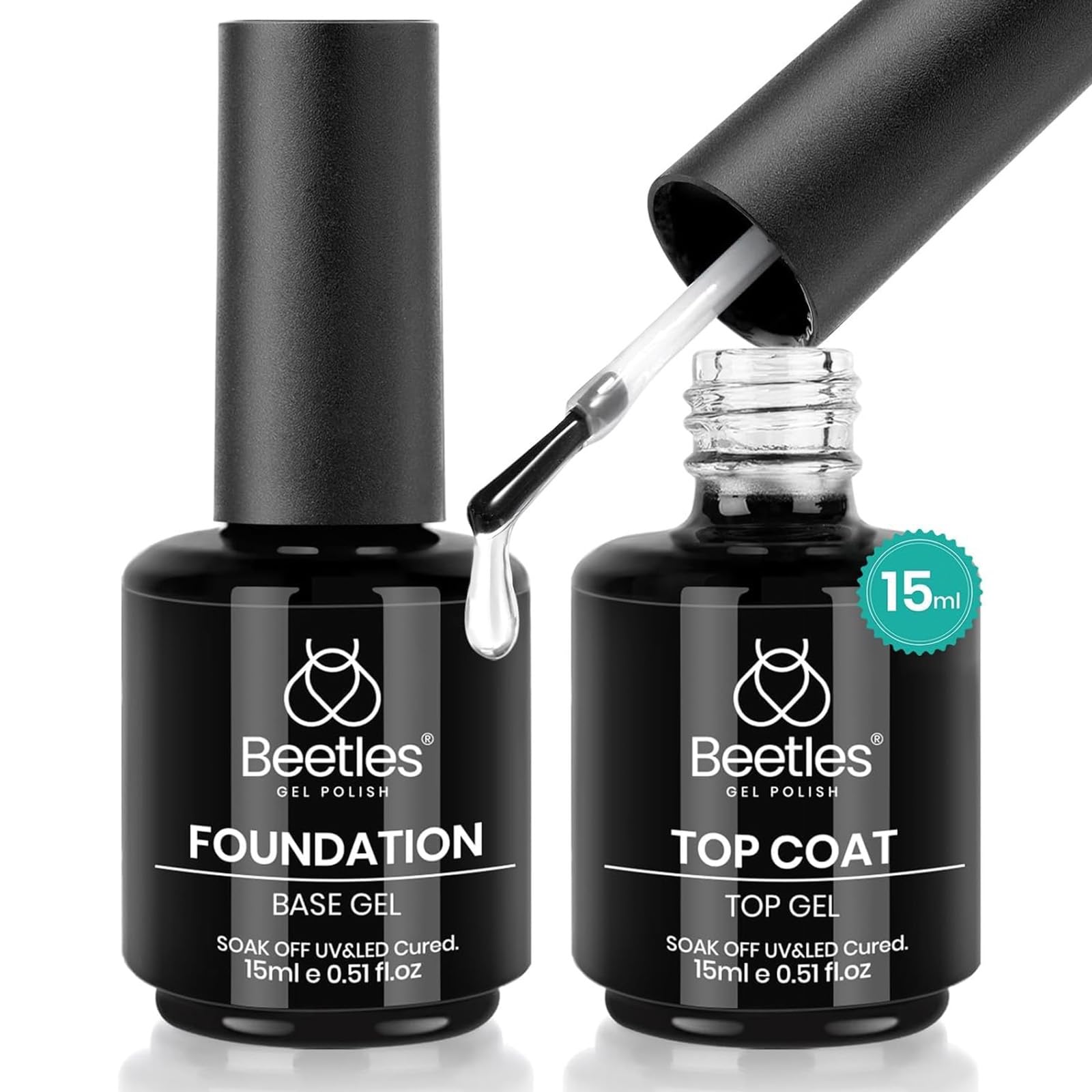 Beetles 2 Pcs 15ml No Wipe Gel Top Coat and Base Coat Set - Shine Finish and Long Lasting Soak Off LED Nail Lamp Gel Base Top Coat Finish Nail Art Design Manicure Gifts for Women