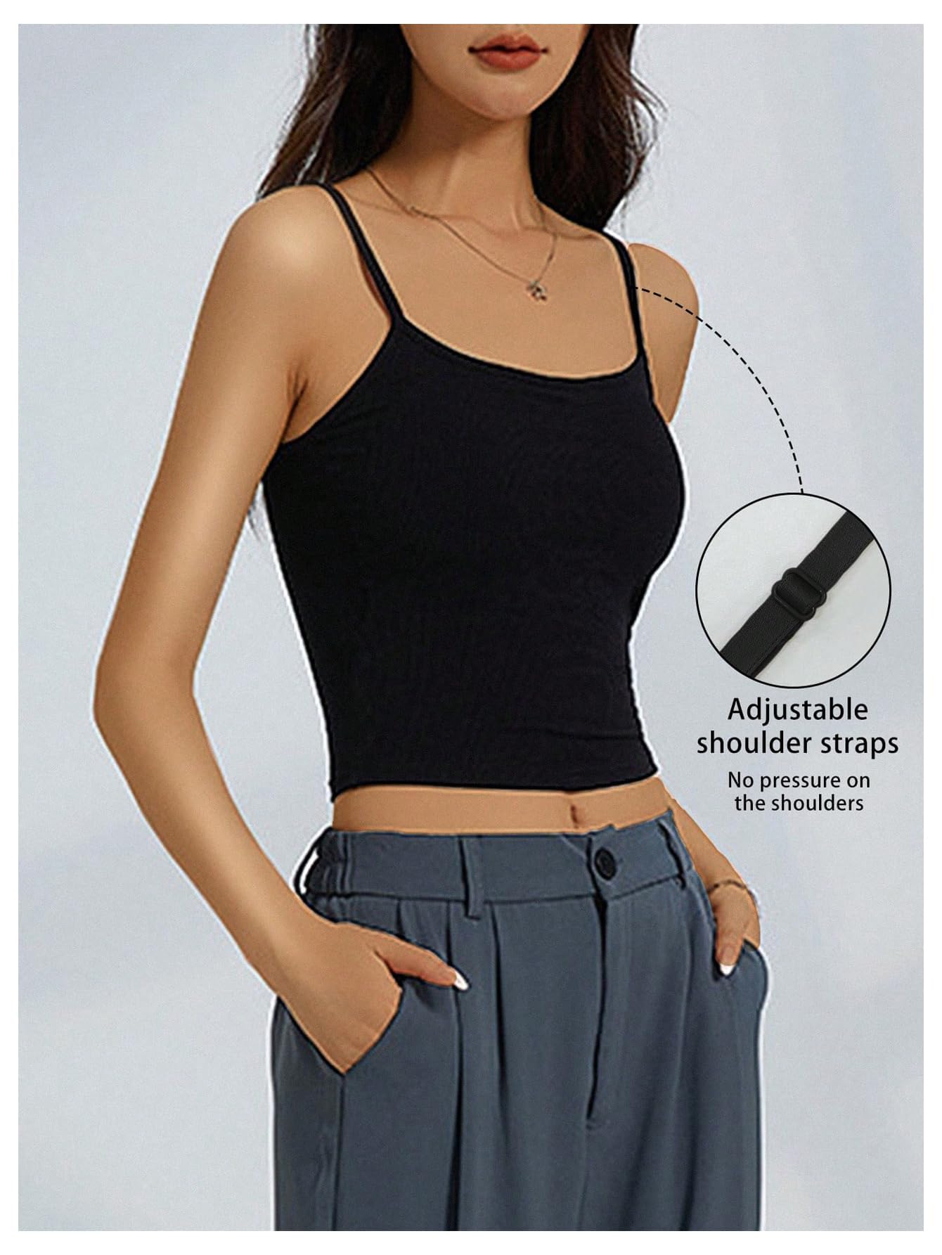 WDIRARA Women's 3 Pack Cami Crop Top Built in Bra Spaghetti Strap Tank Camisole Tops Black White Grey Medium
