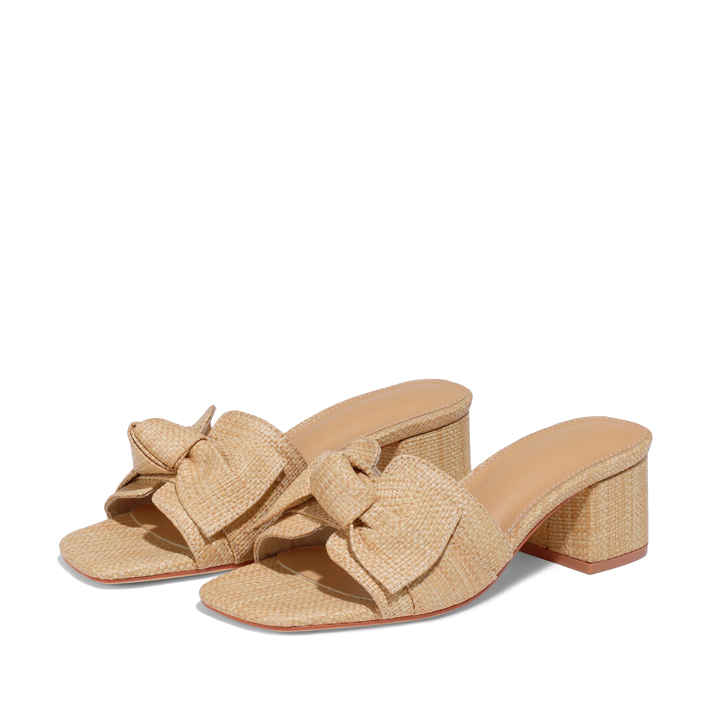 Erocalli Heeled Sandals for Women Raffia Sandals Chunky Block Heels Square Toe Summer Mules Slip On Dressy Sandal Low Short Heels With Bow