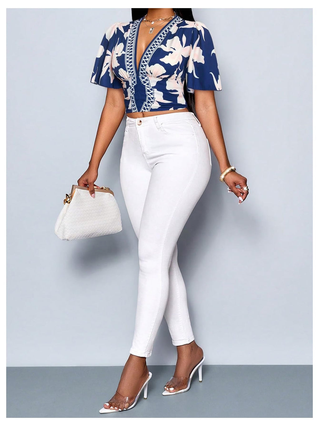 WDIRARA Women's Boho Printed Deep V Neck Short Sleeve Blouse Shirt Summer Casual Crop Tops Royal Blue