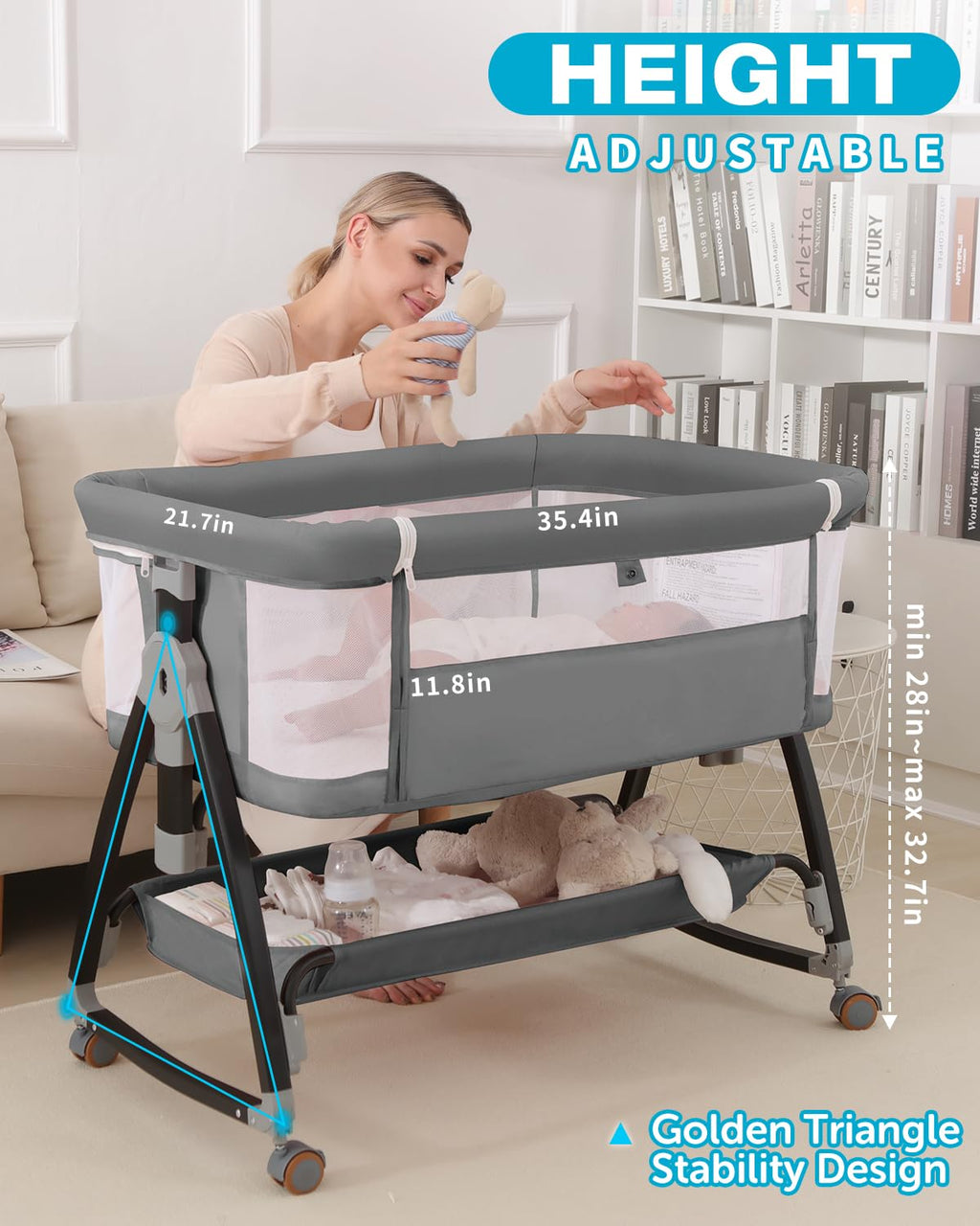 wayfong Baby Bassinet, Bassinet Bedside Sleeper with Wheels, Breathable Mesh Bedside Bassinet for Baby, Mosquito Net, Storage Basket, 6 Height Adjustable, Easy to Assemble