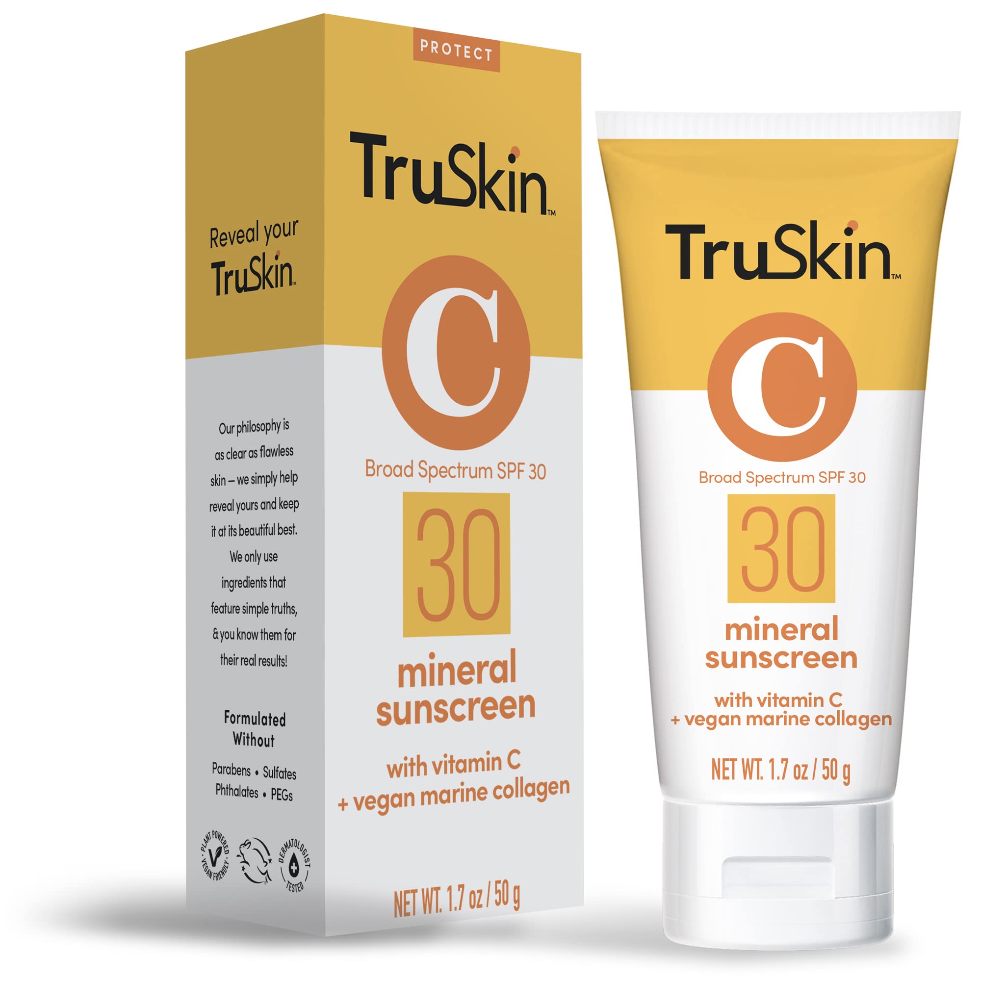 TruSkin Mineral Sunscreen SPF 30 for Face - Zinc Oxide Broad Spectrum Protection with Squalane, Vitamin C & Marine Collagen - Reef-Safe Mineral Face Sunscreen for Sensitive Skin, 1.7 fl oz