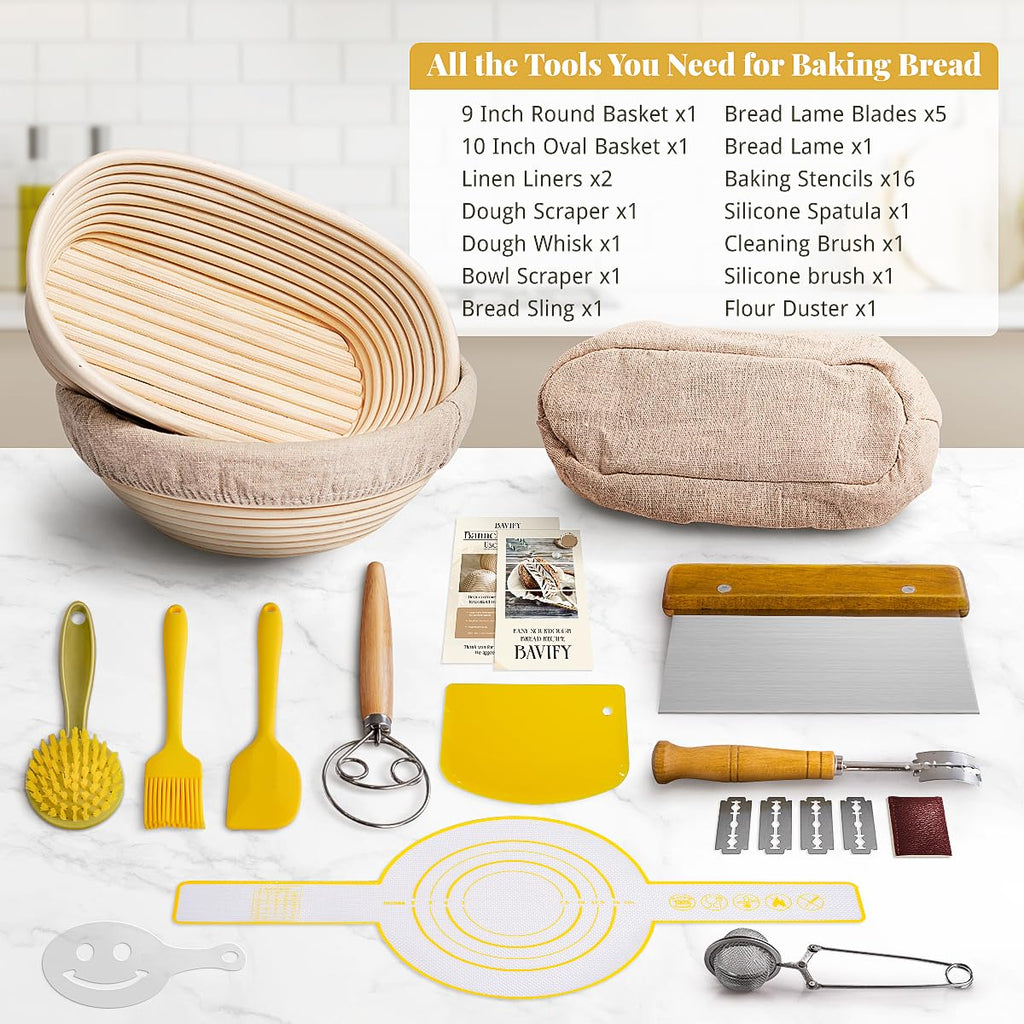 BAVIFY Sourdough Starter Kit, 9" Round & 10" Oval Banneton Bread Proofing Baskets Set, Sourdough Bread Baking Supplies Making Tools with Dough Scraper, Whisk, Bread Lame, Silicone Sling, Recipe