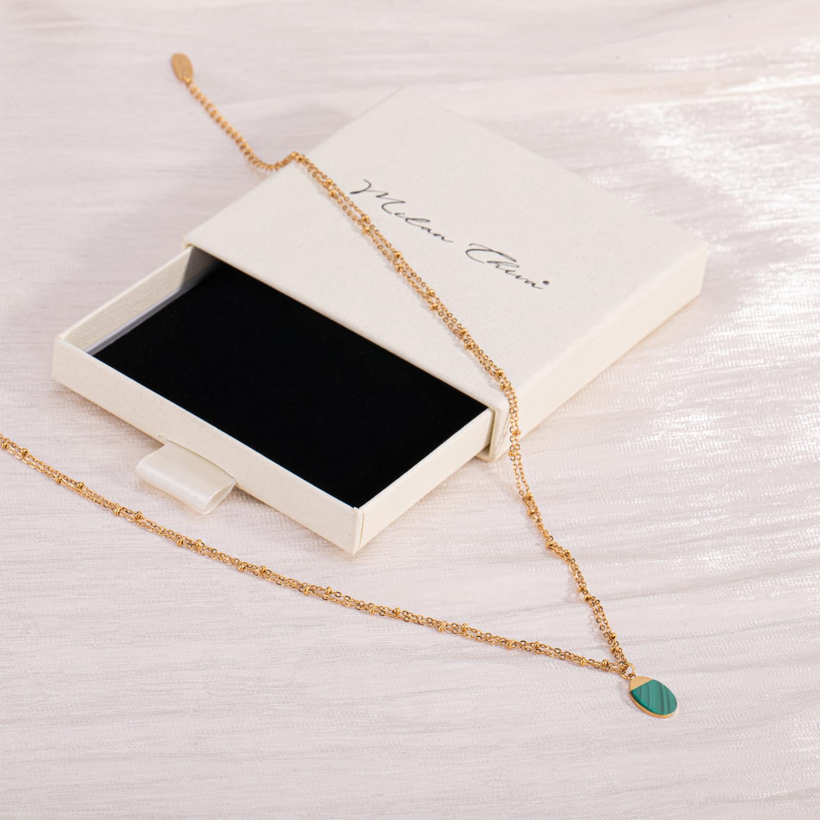 Milan Chiva 14K Gold Plated Green Malachite Layered Stacked Necklace for Women, Dainty Trendy Non Tarnish Oval Pendant Charm Necklaces Fashion Jewelry for Women Waterproof MNS-1009GN