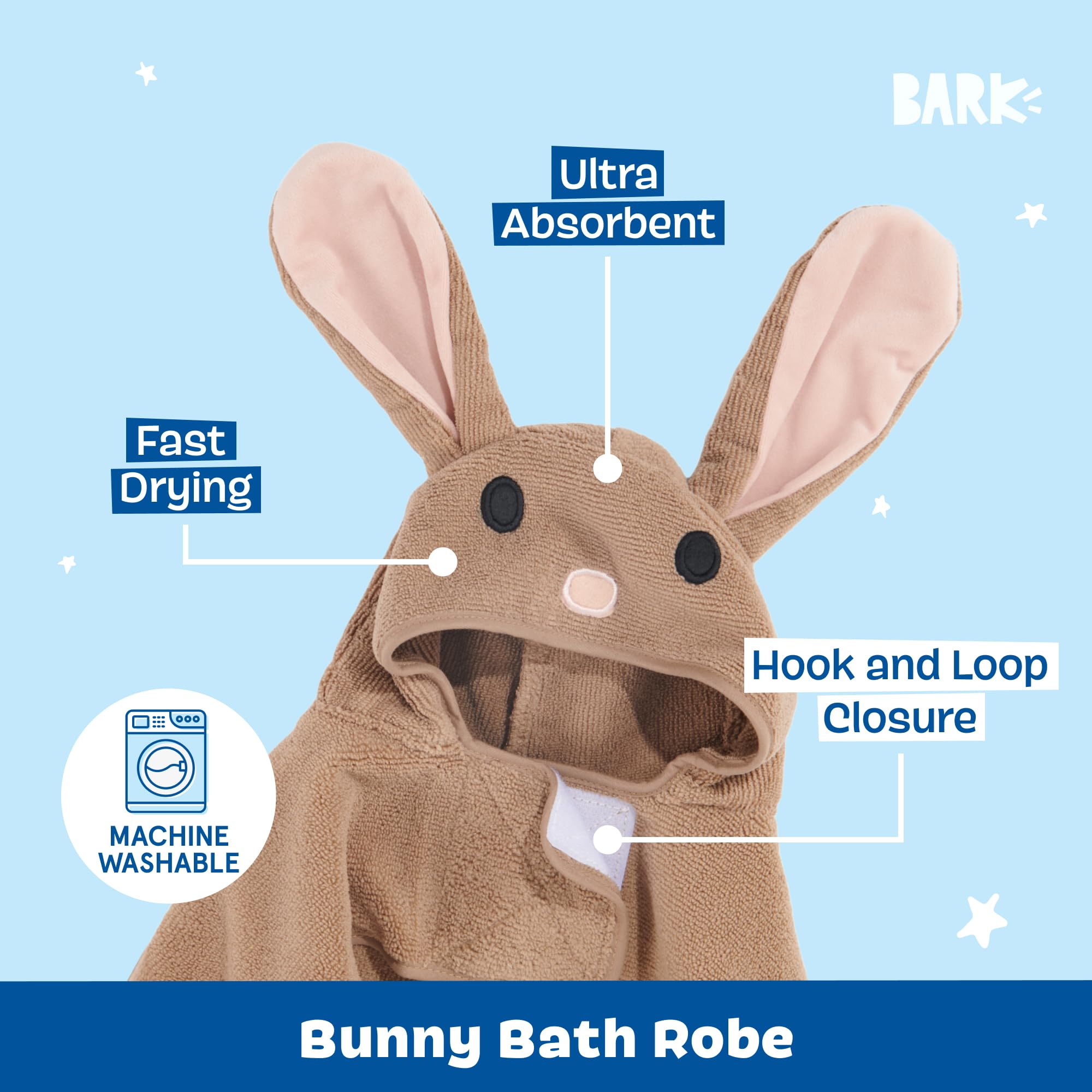 Barkbox Dog Bathrobe Fast Drying with Hook and Loop Closure & Wrap Tie Snuggle, Cute Dogs Clothes, Easy to Clean, Machine Washable, Dog Coats and Tumble Dry Low - Bunny, Small