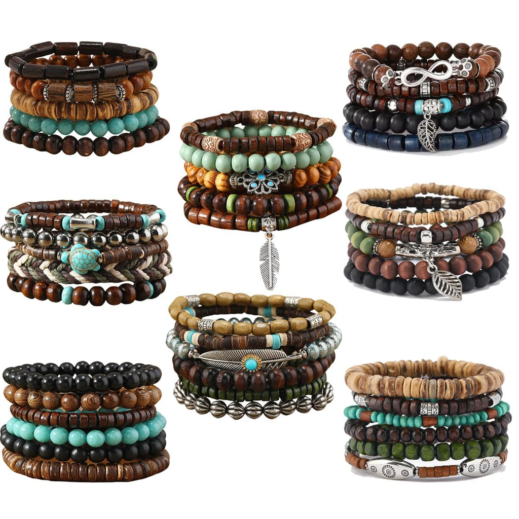 SONNYX 43Pcs Punk Wooden Beads Bracelets Gothic Bracelet for Men Adjustable Vintage Beaded Bracelet Metal Set Wood Bangles Wristbands Commemorative Gift