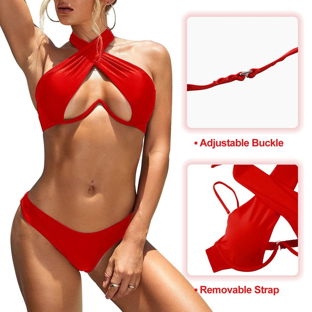 Lilosy Sexy Cute Underwire Push Up Cutout Halter Criss Cross High Cut Leg Thong Brazilian Bikini Swimsuit Set Women Cheeky Bottom Bathing Suit 2 Two Piece Bright Red Medium