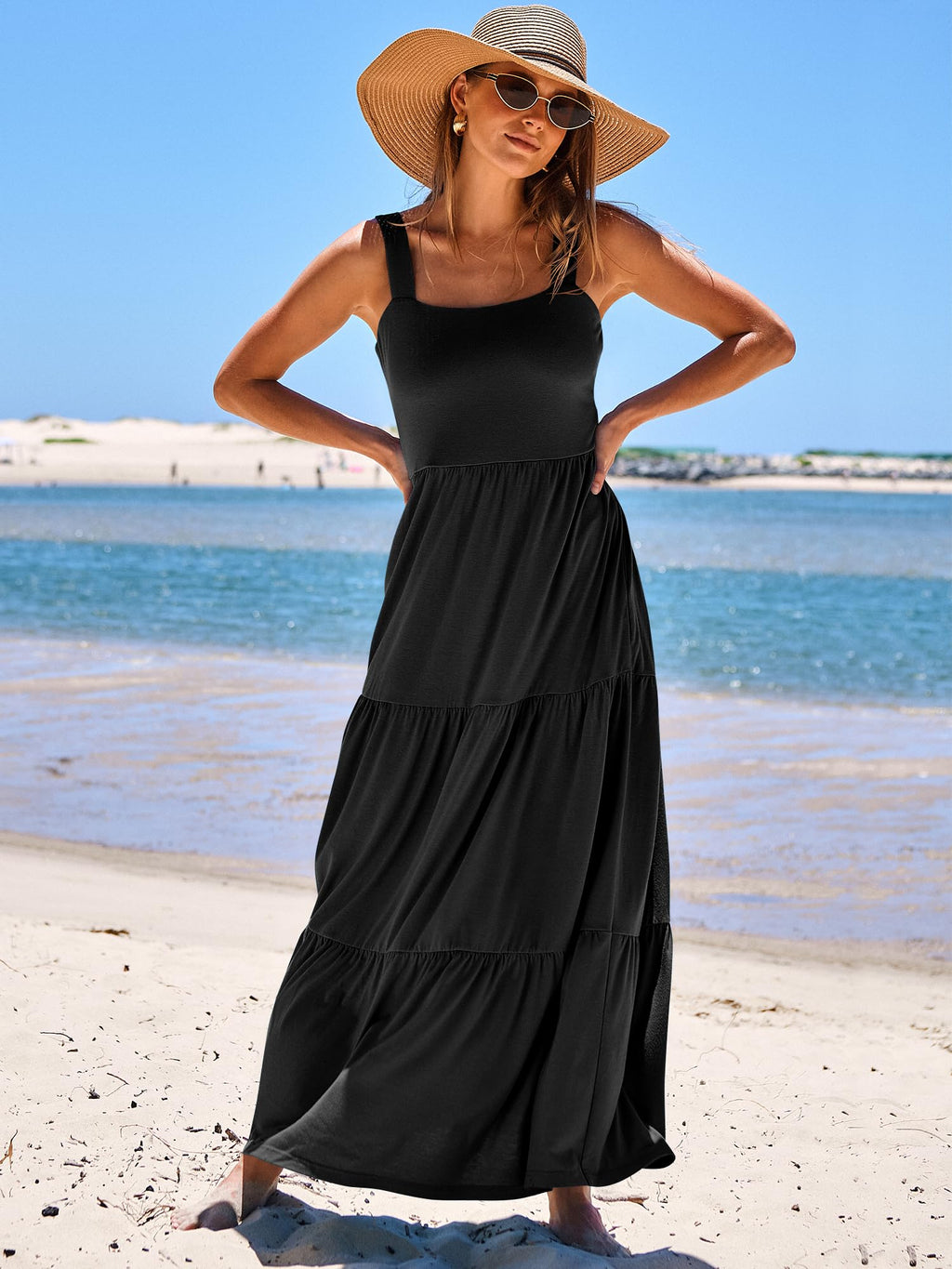 ANRABESS Women's Summer Casual Long Maxi Beach Vacation Dresses Sleeveless Square Neck Flowy Tiered Sun Dress with Pockets Black Large