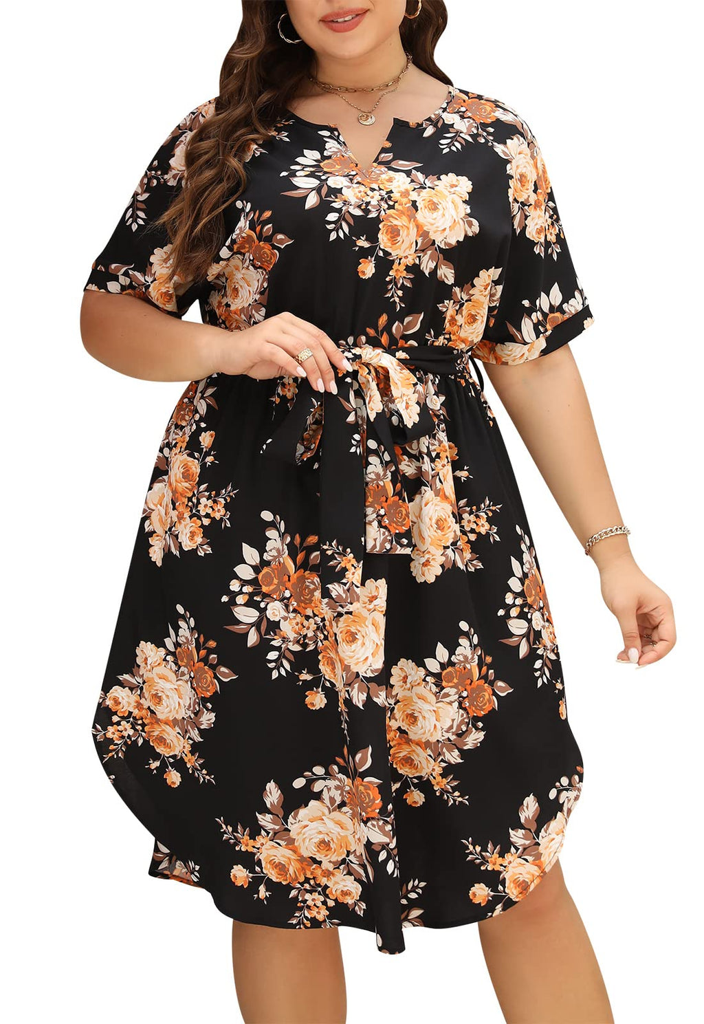 Nemidor Plus Size Casual Dresses for Curvy Women Summer Boho Floral Print Swing Midi Dress with Pockets 14-26(306,22,Black Yellow)