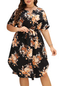 Nemidor Plus Size Casual Dresses for Curvy Women Summer Boho Floral Print Swing Midi Dress with Pockets 14-26(306,22,Black Yellow)