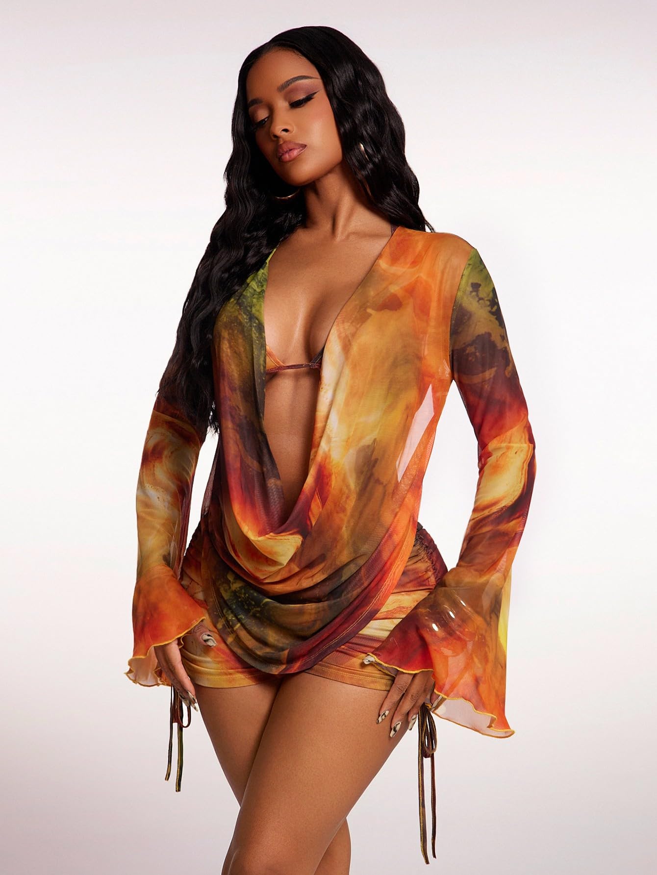 WDIRARA Women's Tie Dye 3 Piece Outfits Draped Mesh Ruched Shorts Set Beach Vacation Outfits Multicolor X-Large
