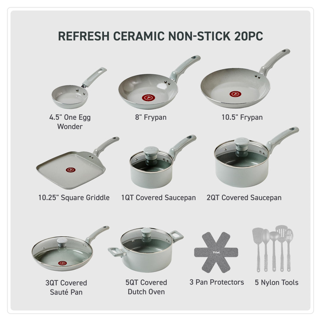 T-Fal Refresh Ceramic Pots and Pans Set, 20-Piece Nonstick Cookware Set, Stockpot, Griddle, Frying Pans, Utensils, Moon Grey