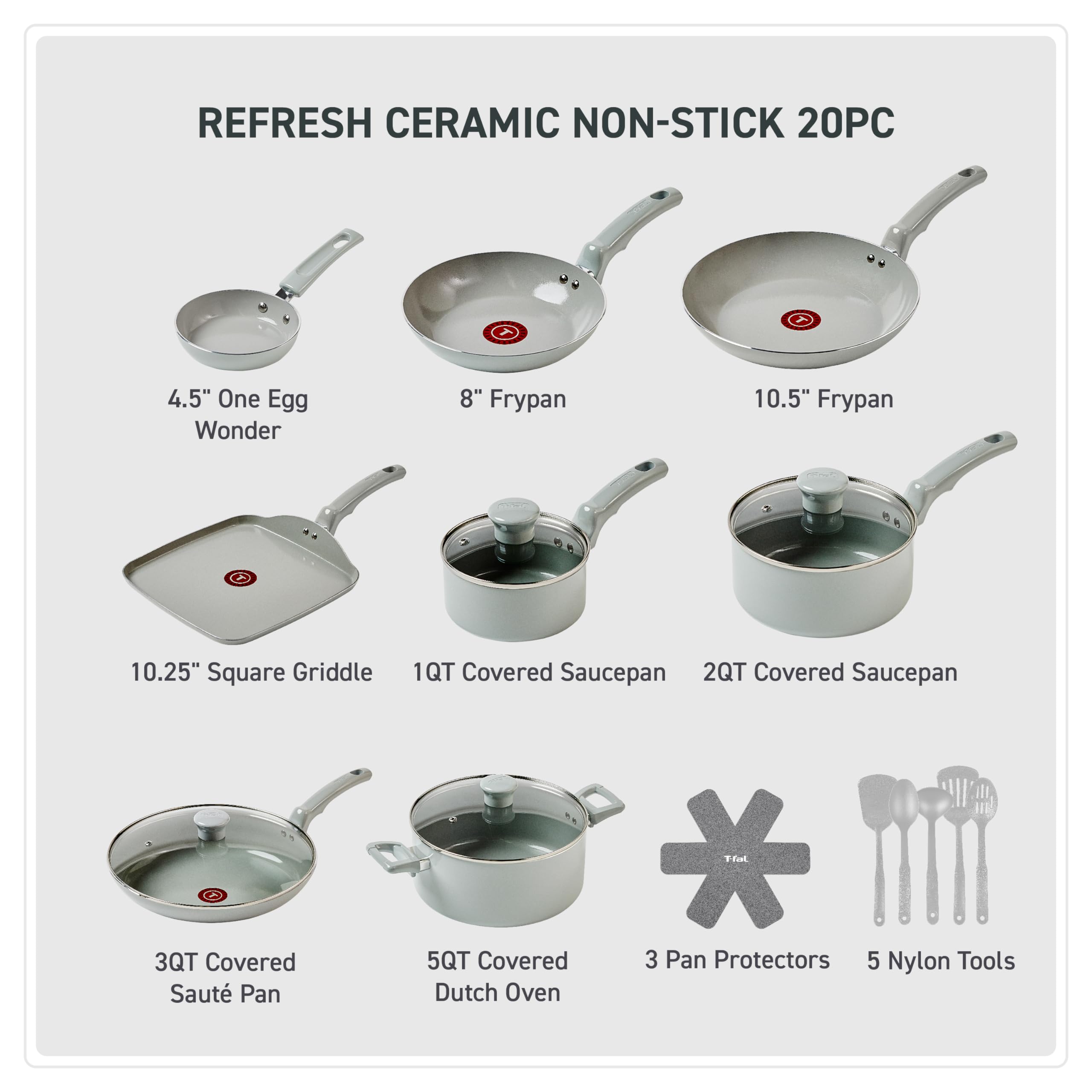 T-Fal Refresh Ceramic Pots and Pans Set, 20-Piece Nonstick Cookware Set, Stockpot, Griddle, Frying Pans, Utensils, Moon Grey