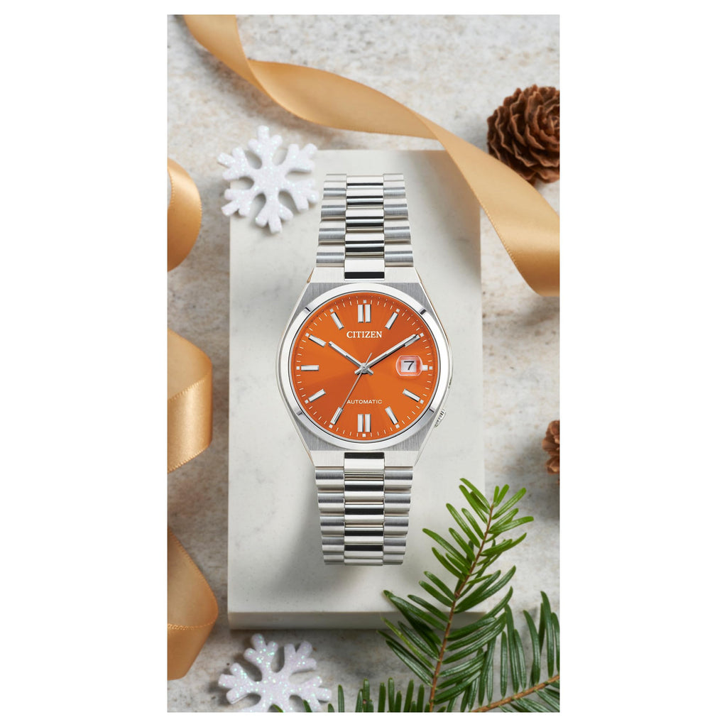 Citizen Men's Automatic Tsuyosa Sport Luxury Watch, Silver-Tone Stainless Steel Bracelet, Orange Dial, 42 Hour Power Reserve, Hack Feature (Model: NJ0151-53Z)