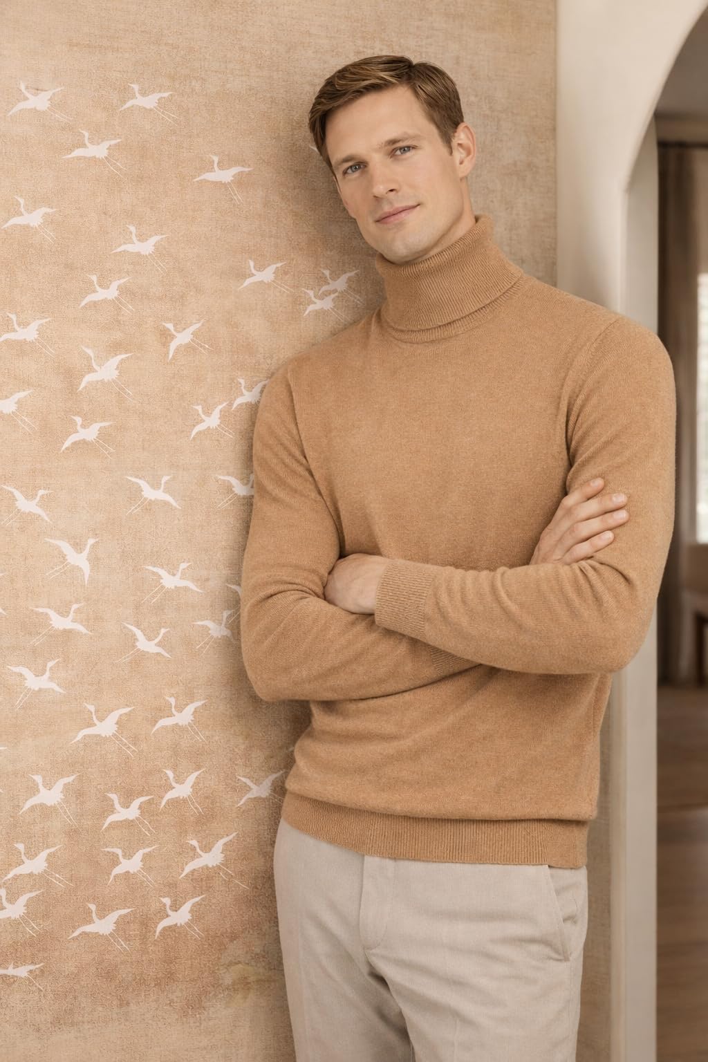 State Cashmere Men's Essential Turtleneck Sweater 100% Pure Cashmere Classic Long Sleeve Pullover (Camel, Large)