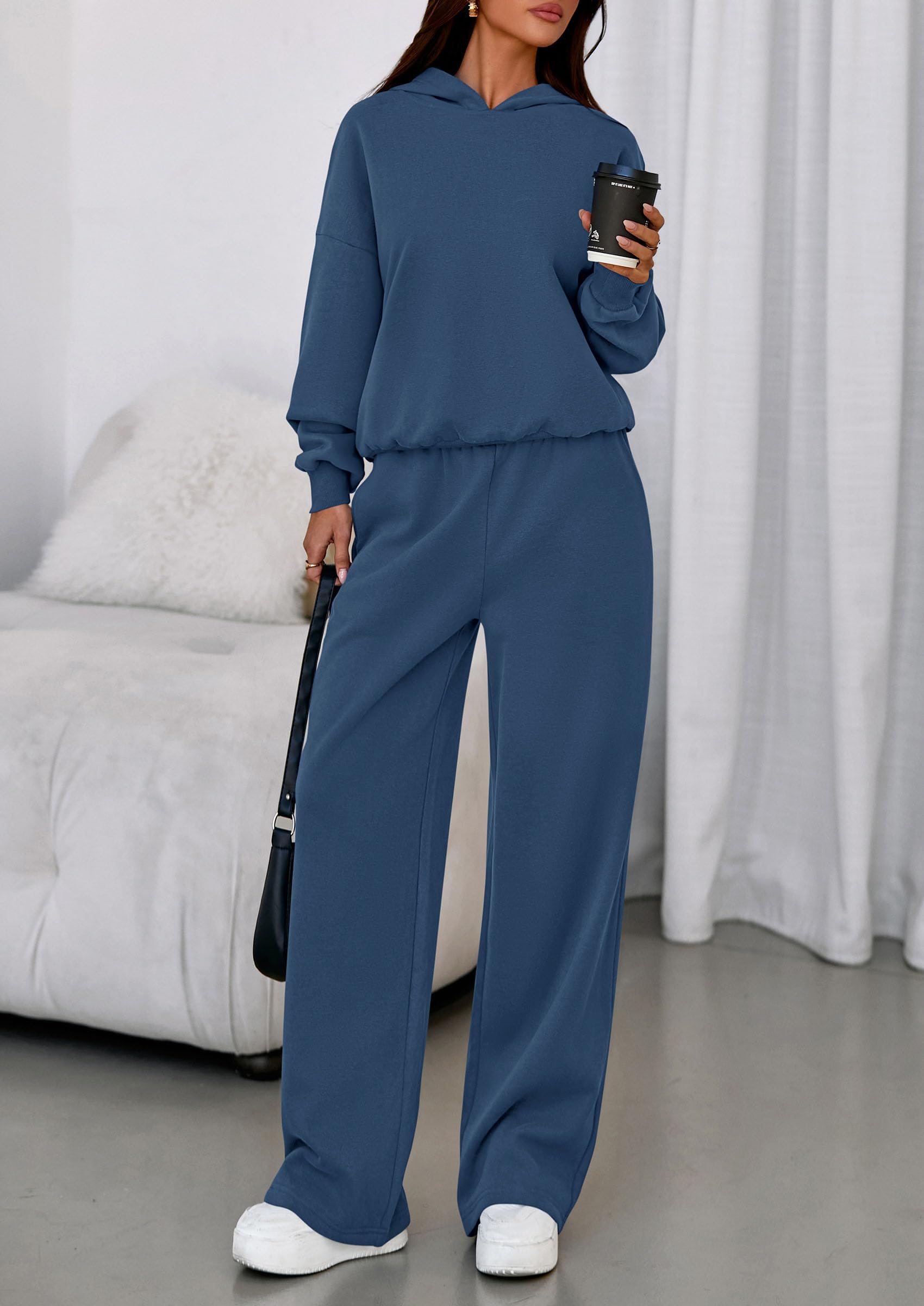 PRETTYGARDEN Womens Sweatsuits 2 Piece Set 2026 Casual Winter Long Sleeve Hoodie Loose Wide Leg Sweatpants Fall Tracksuit (Grey Blue,Medium)