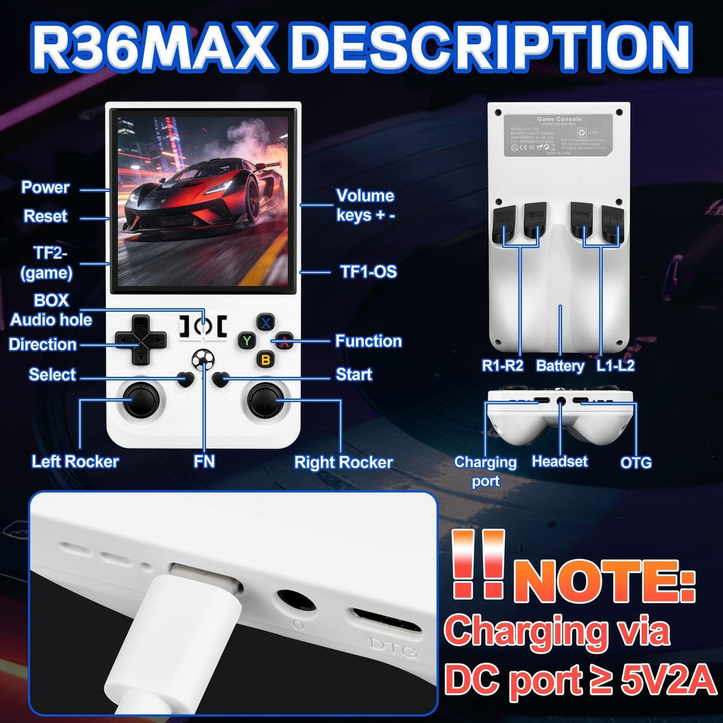 Rhesusco R36MAX Handheld Game Console - Support 22000+Classic Games,128G TF Card,Portable Console with 4.0-Inch Screen,Open Source System,4000mAh Battery,Birthday Gift for Adult or Partner - White