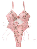 Lilosy Women Sexy Lace Up Butterfly Embroidered Teddy Babydoll Lingerie Bodysuit Top Mesh Sheer One Piece See Through Light Pink Medium