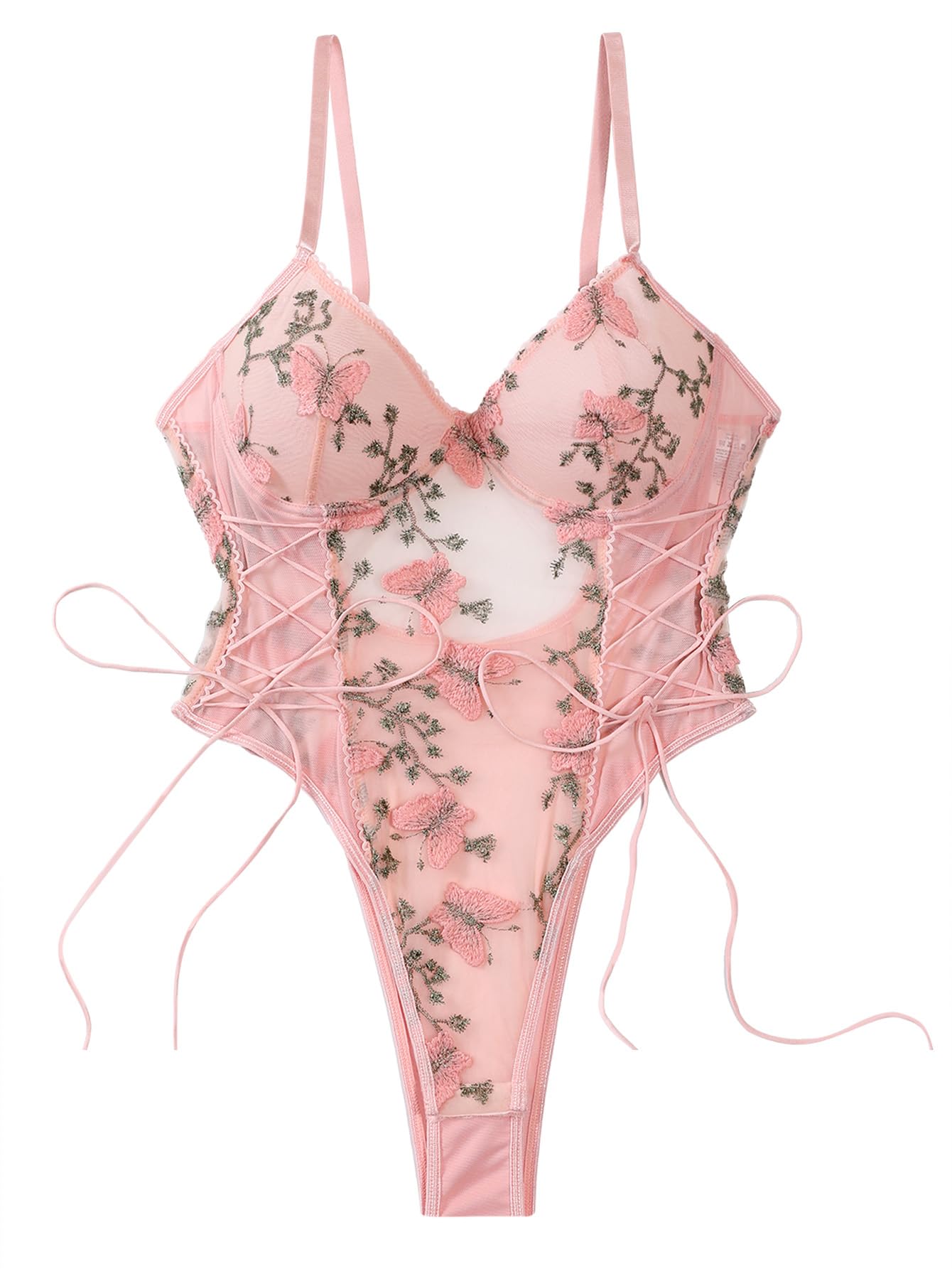 Lilosy Women Sexy Lace Up Butterfly Embroidered Teddy Babydoll Lingerie Bodysuit Top Mesh Sheer One Piece See Through Light Pink Medium