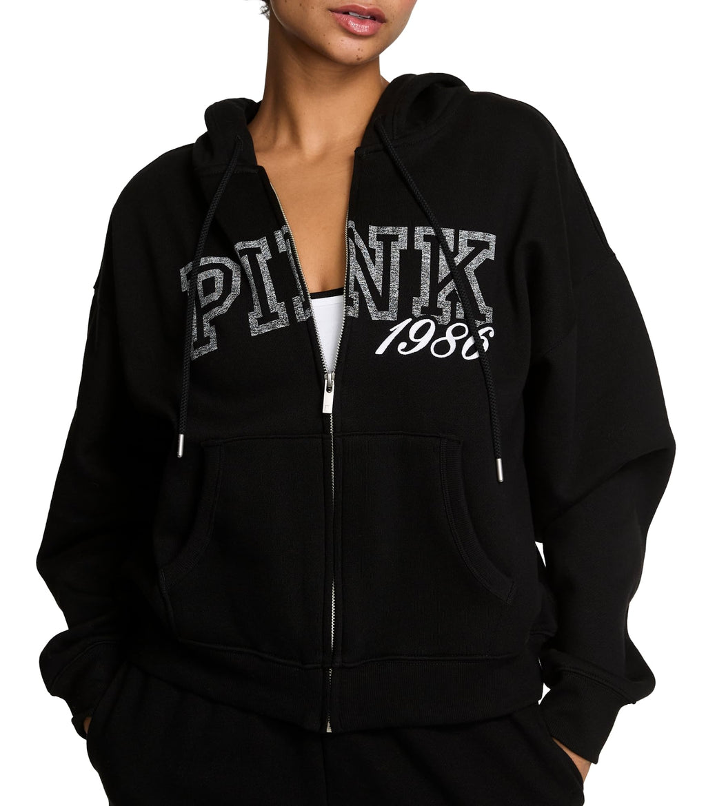 Victoria's Secret PINK Women's Campus Fleece Full-Zip Hoodie Sweatshirt, Pure Black, (M)