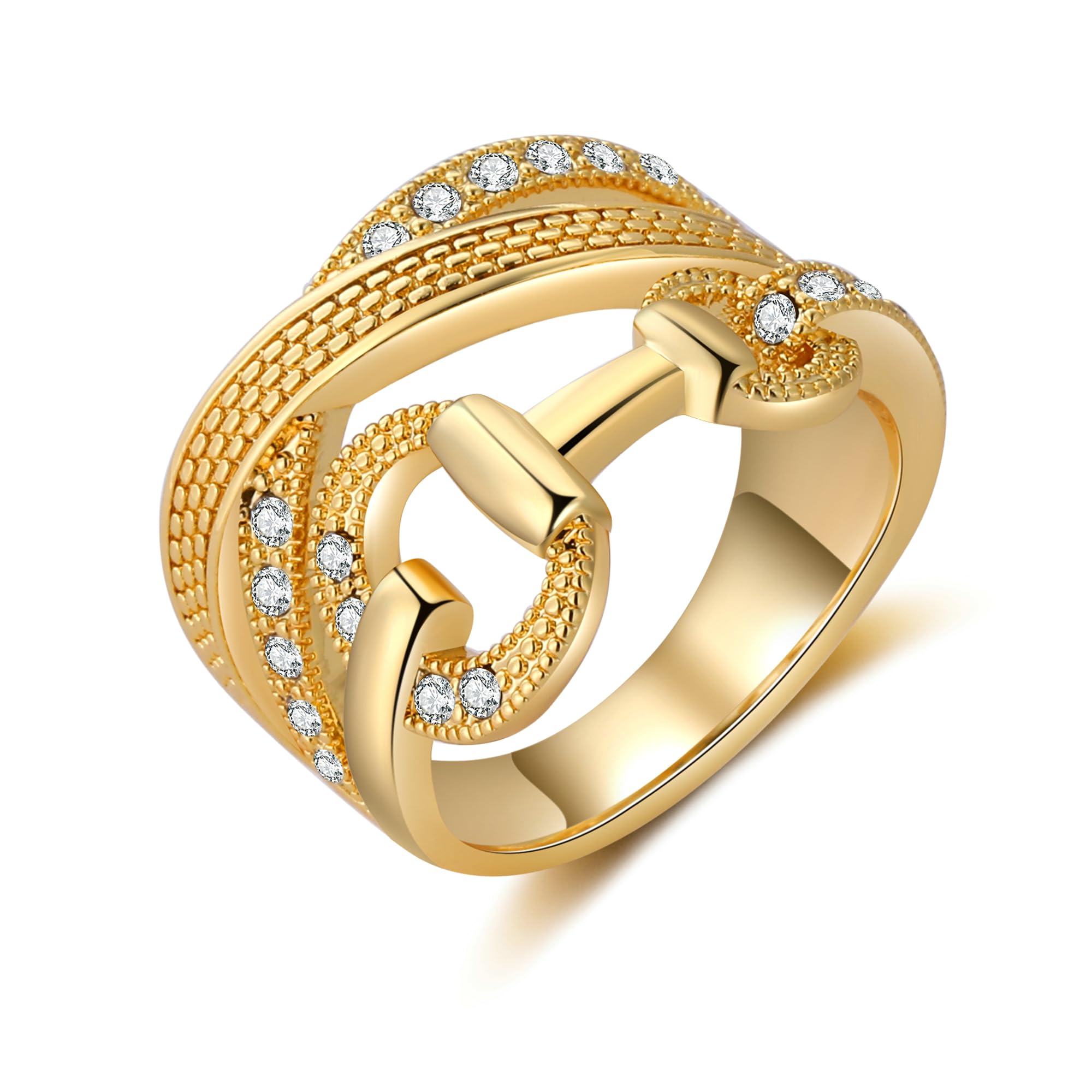 Mytys Criss Cross Gold Rings for Women Vintage Silver Statement Ring Black & Clear Crystal Belt Design Band Rings Christmas Gift (gold size 7)