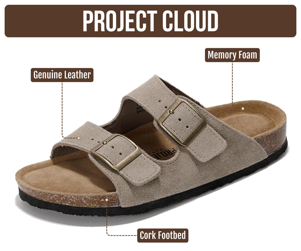 Project Cloud 100% Genuine Leather Flat Sandals For Women 2026 Cork Footbed Womens Sandals with Memory Foam and arch support Vacation Essentials Slides for Women Footwear (Venita, taupsu, 8)