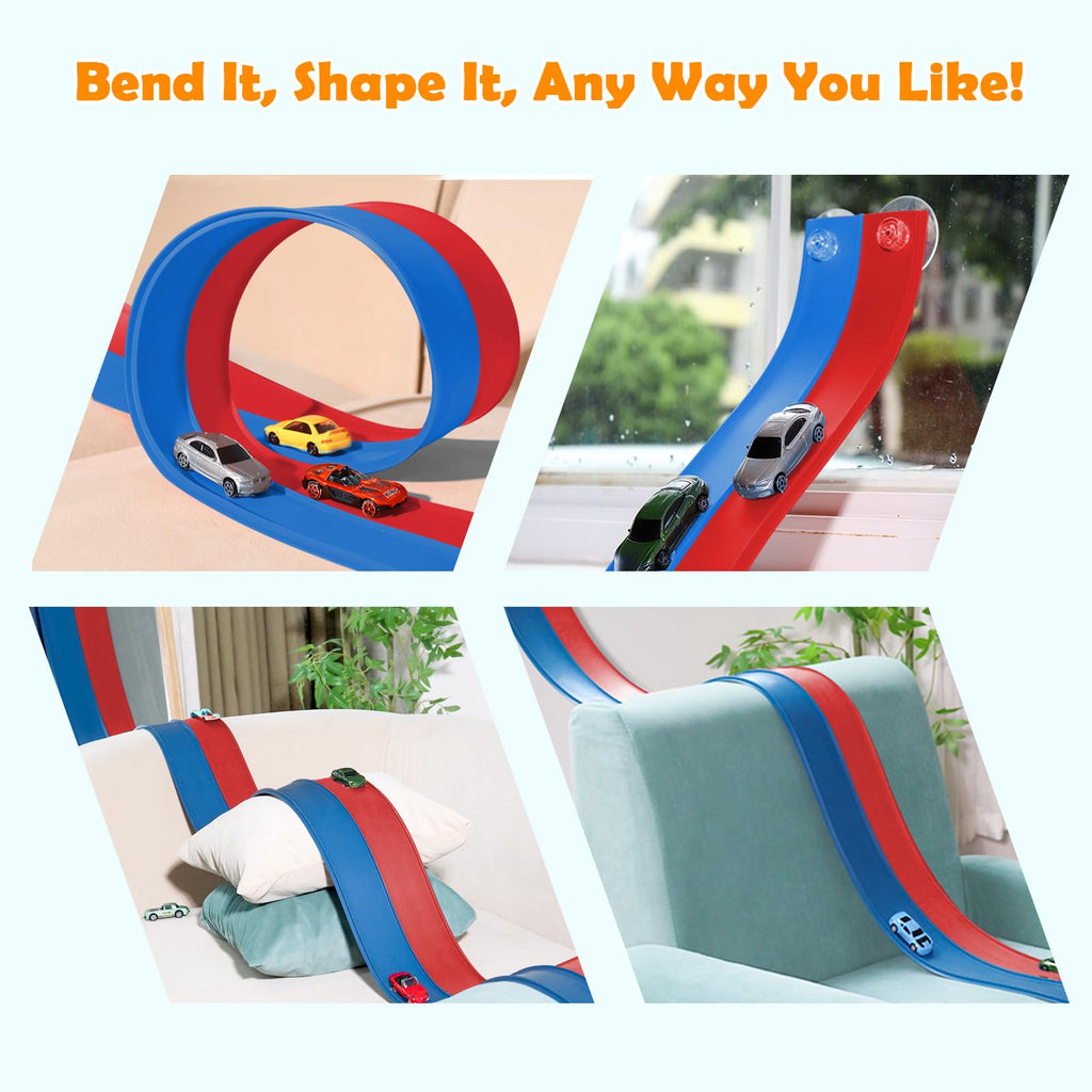 15 Ft Flexible Race Track for Kids 3+, Certified Safe Flex Race Car Ramp with Two 1/64 Diecast Cars — Starter Set, Portable Roll-Up Racetrack with Strong Suction Cups, Great Gift for Boys Girls