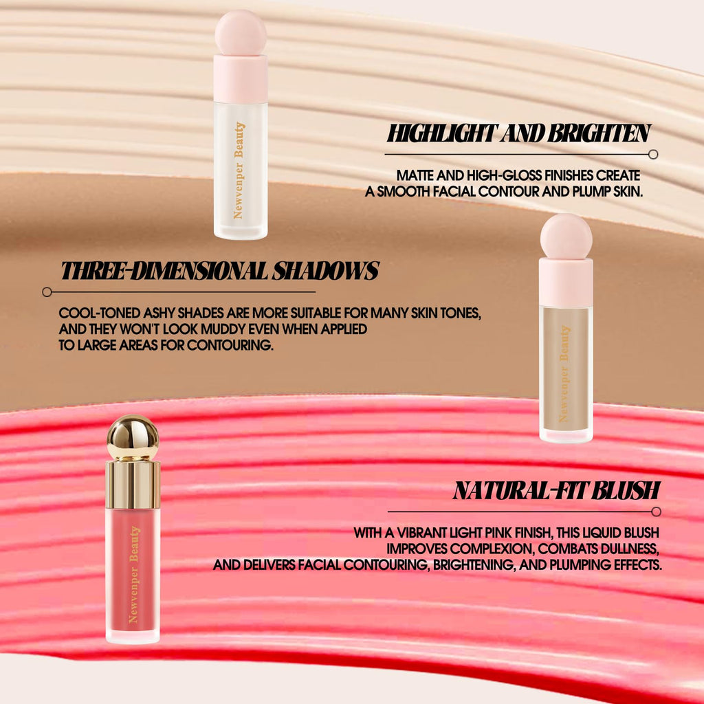 Liquid Contour,Liquid Highlighter, Blush with Face Brush Long Lasting Smooth Lightweight Smudge Proof Contour+ Blush+ Highlighter