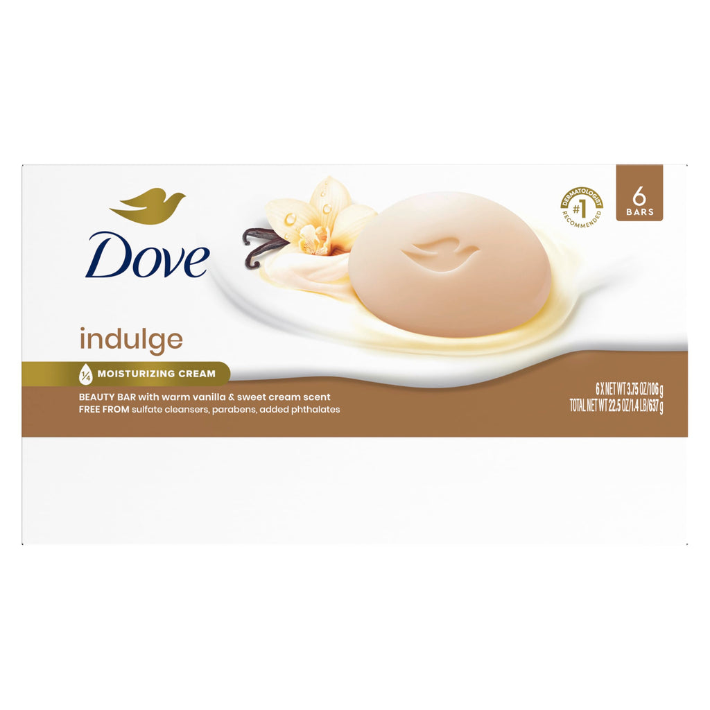 Dove Indulge Soap Bar 6 Bars Warm Vanilla + Sweet Cream for Hydrated & Soft Skin 3.75 oz