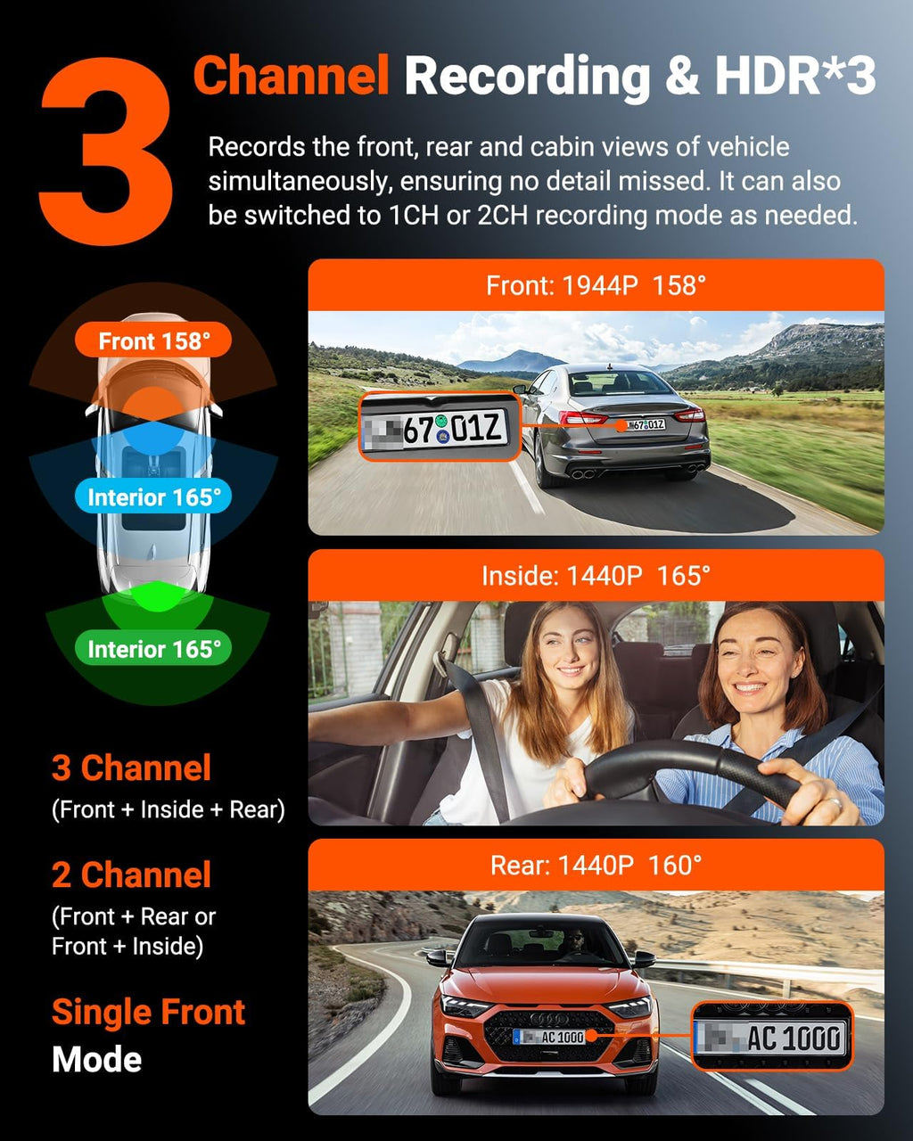 Vantrue N4S 3 Channel Front Inside Rear Dash Cam, 2.7K+1440P+1440P WiFi Dash Camera w/PlatePix™, STARVIS 2 x HDR x IR Night Vision, Voice Control, GPS, 24/7 Parking Mode, Support 1TB Max