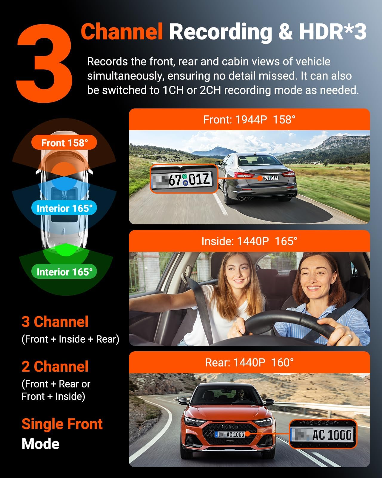 Vantrue N4S 3 Channel Front Inside Rear Dash Cam, 2.7K+1440P+1440P WiFi Dash Camera w/PlatePix™, STARVIS 2 x HDR x IR Night Vision, Voice Control, GPS, 24/7 Parking Mode, Support 1TB Max