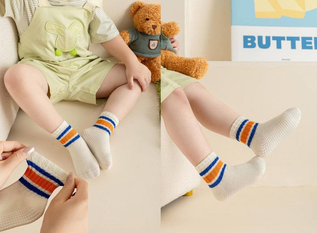 Wamvp Toddler Grip Socks with Non-Slip, Unisex Baby Retro Stripe Seamless Crew Ankle Cotton Socks for Girls Boys 6 Pairs,Colorful-1 1-3T